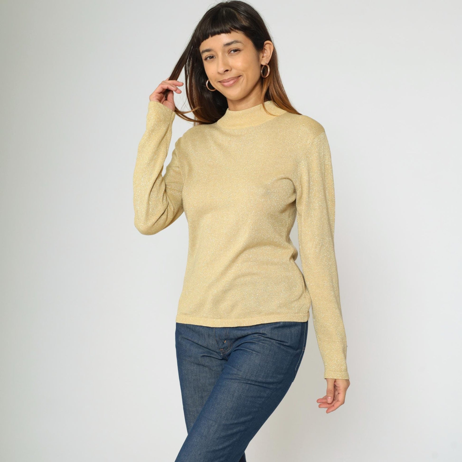 90s Metallic Gold Mock Neck Sweater Sparkly Knit Pullover Medium