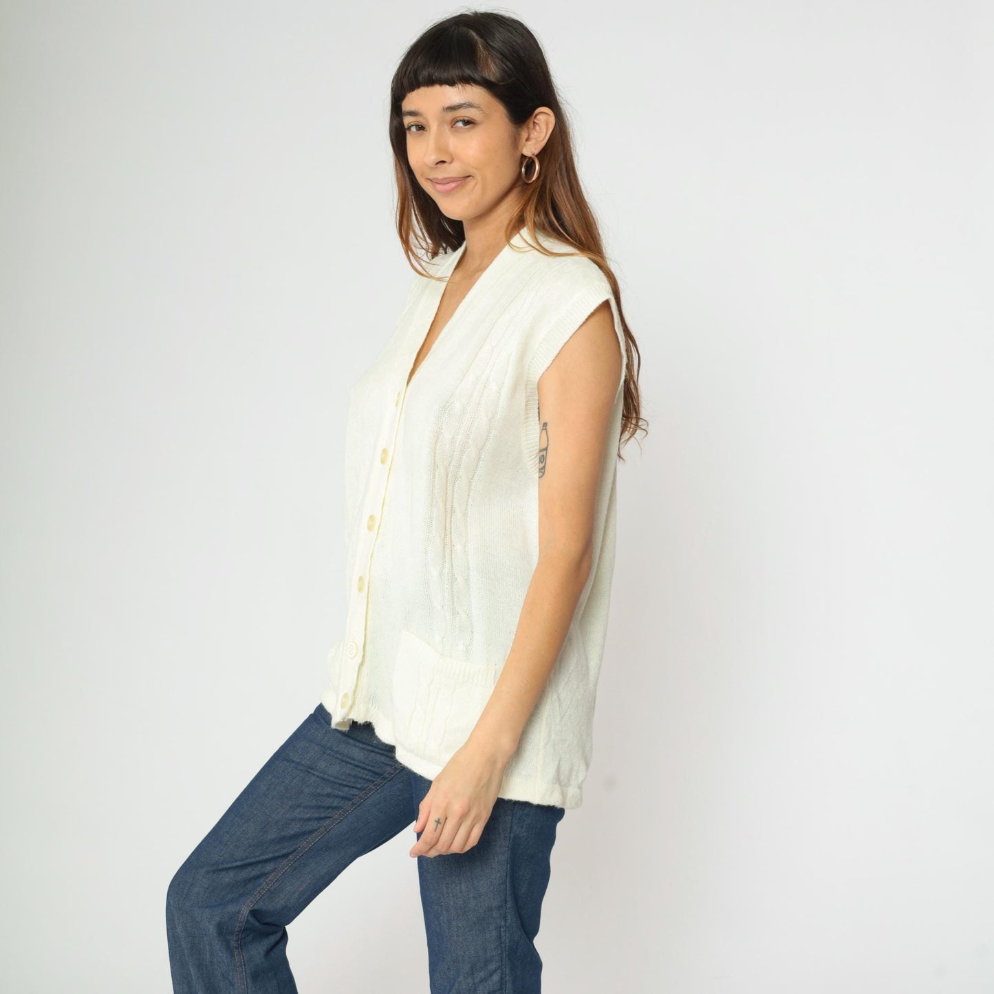 70s Cable Knit Vest Cream V-Neck Sleeveless Sweater Button-Up Large L