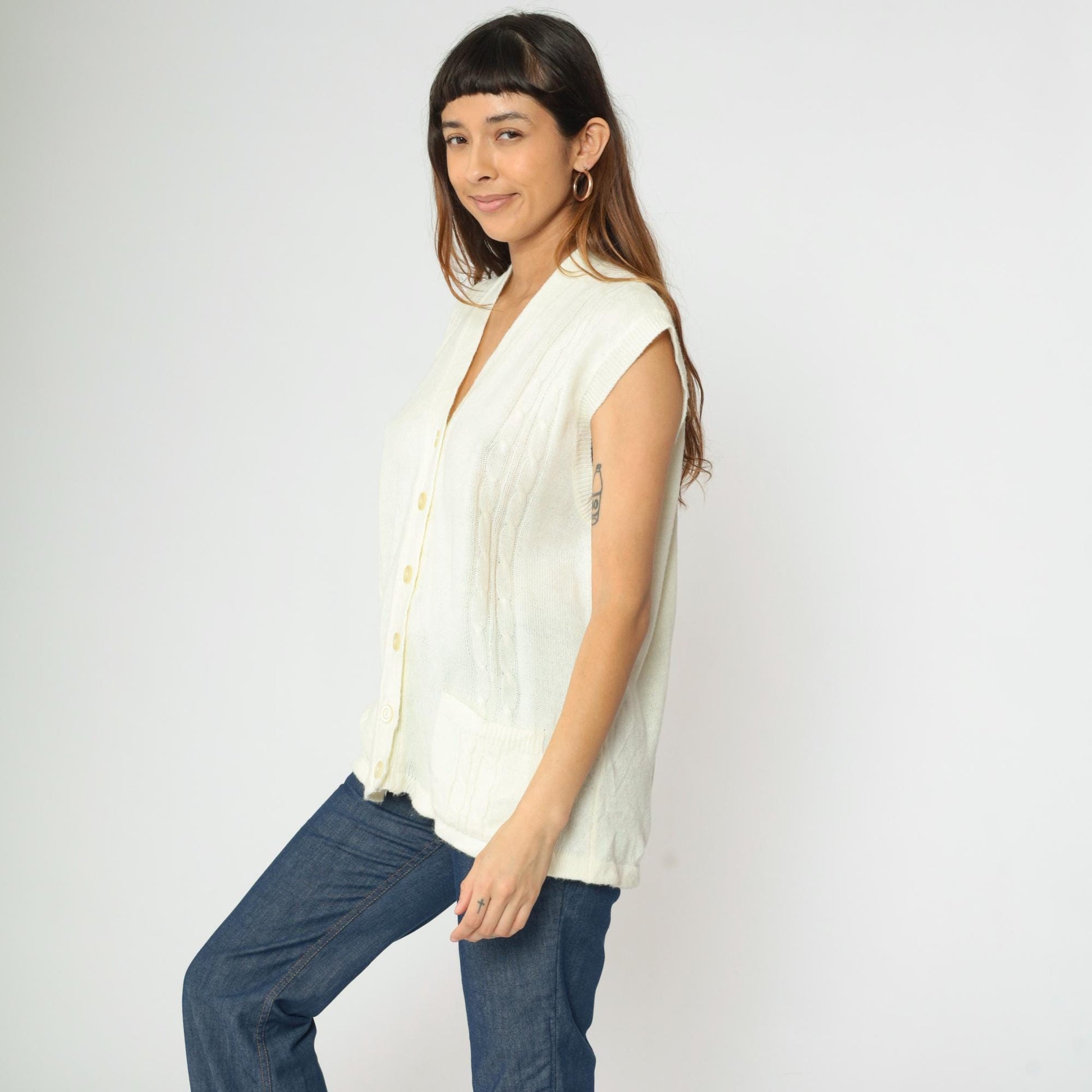 70s Cable Knit Vest Cream V-Neck Sleeveless Sweater Button-Up Large L