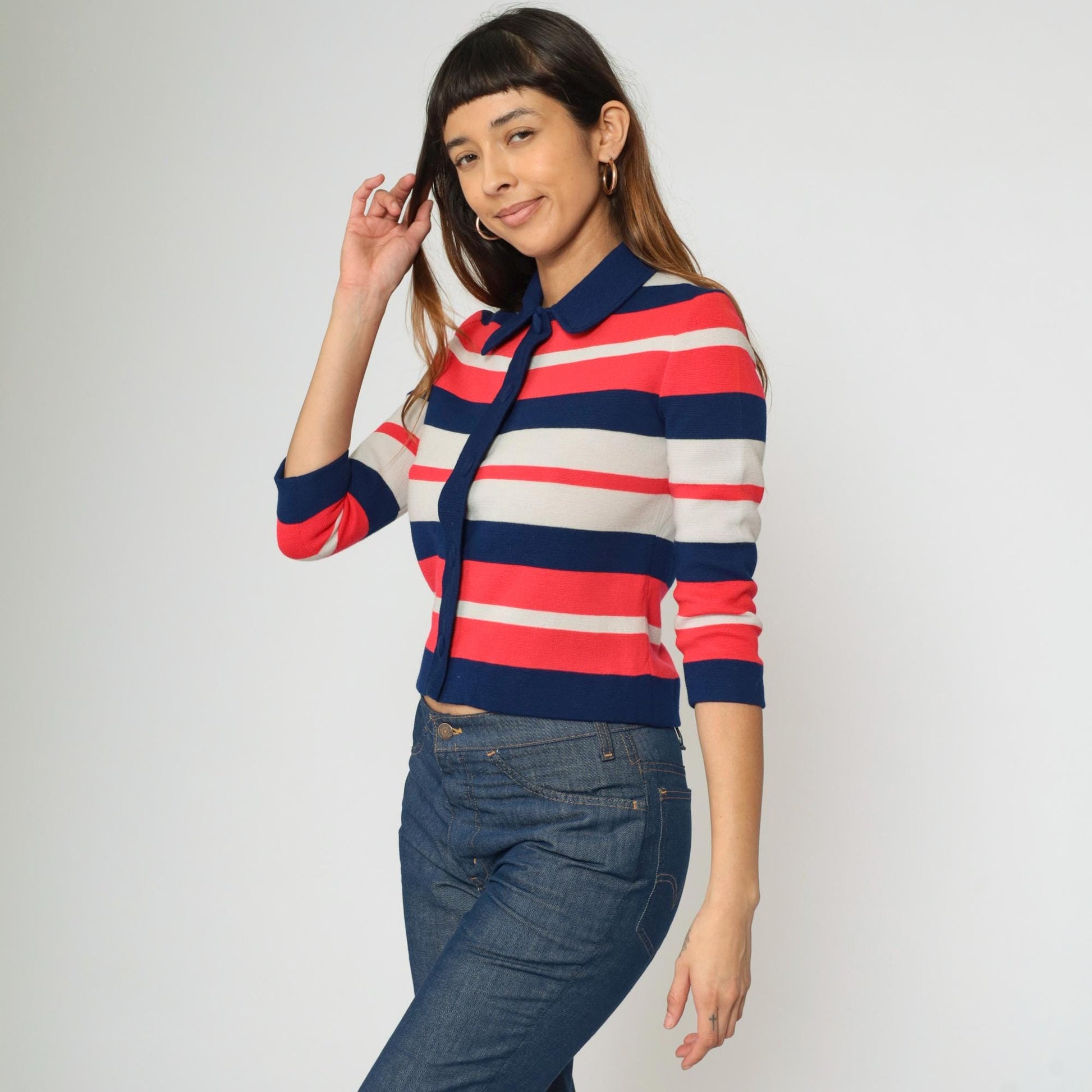 60s Striped Wool Cardigan Sweater Cropped Navy Pink White Small