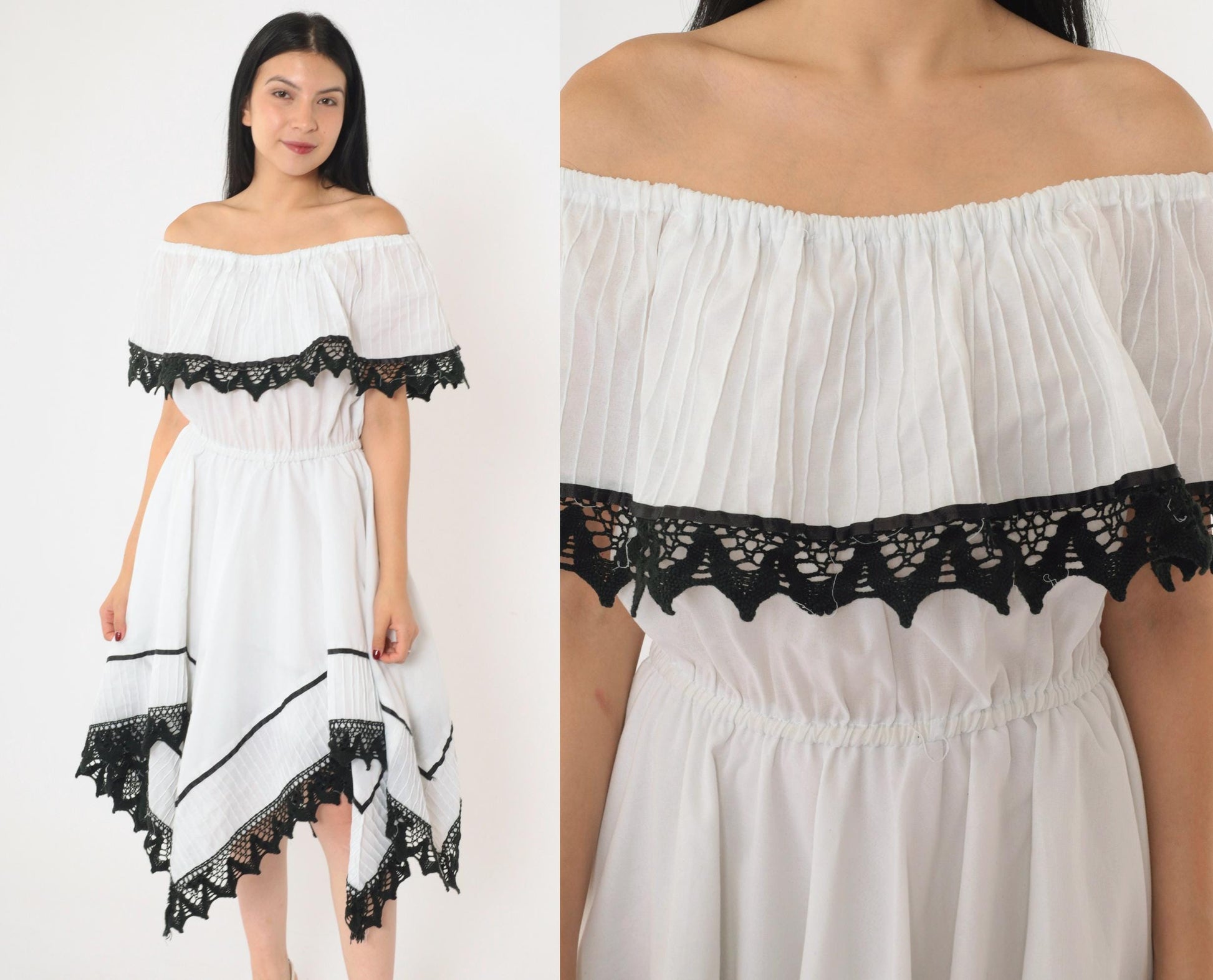 80s White Peasant Dress Off-Shoulder Midi Black Lace Trim Scarf Hem Small