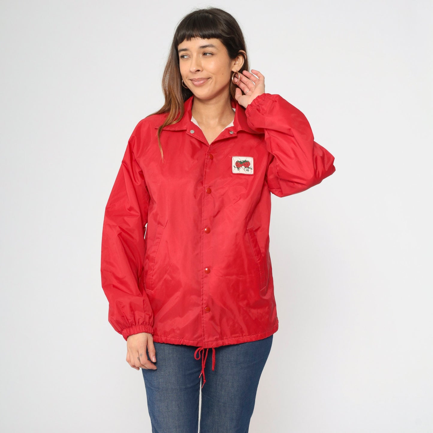 70s Red Windbreaker Jacket Snap Button N Strawberry Patch Small
