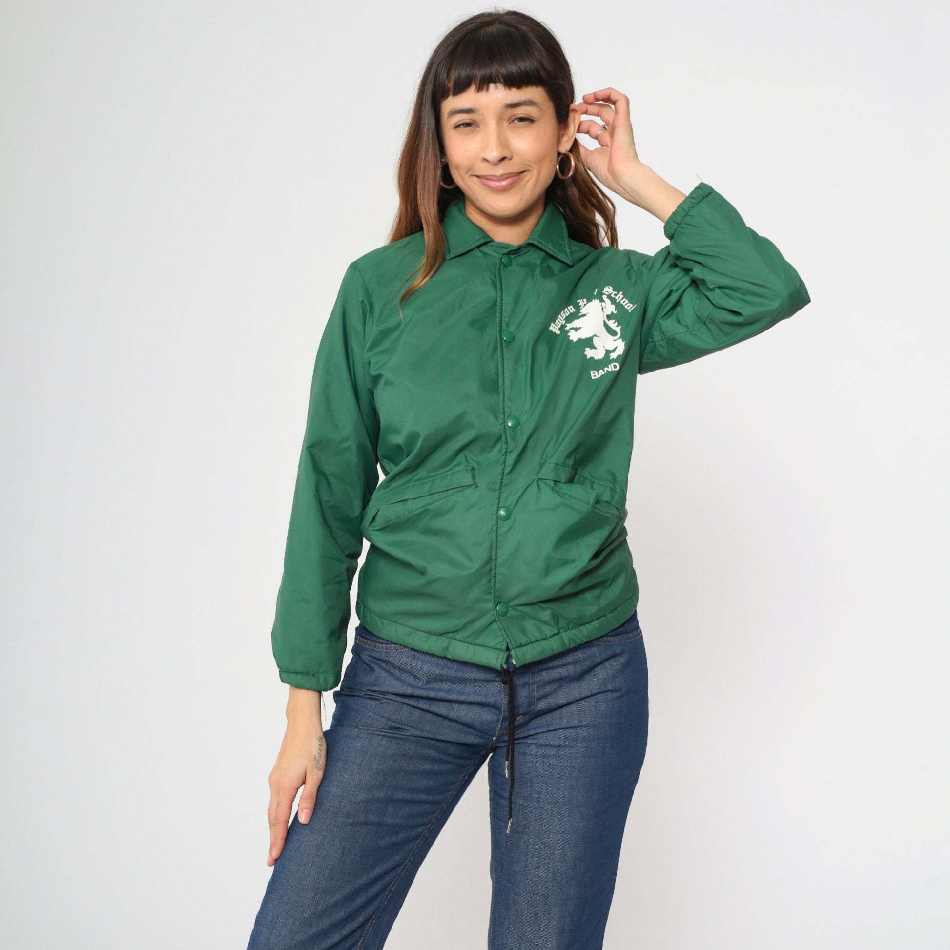 70s Payson High School Band Windbreaker Green Nylon Fleece Lined Youth Large