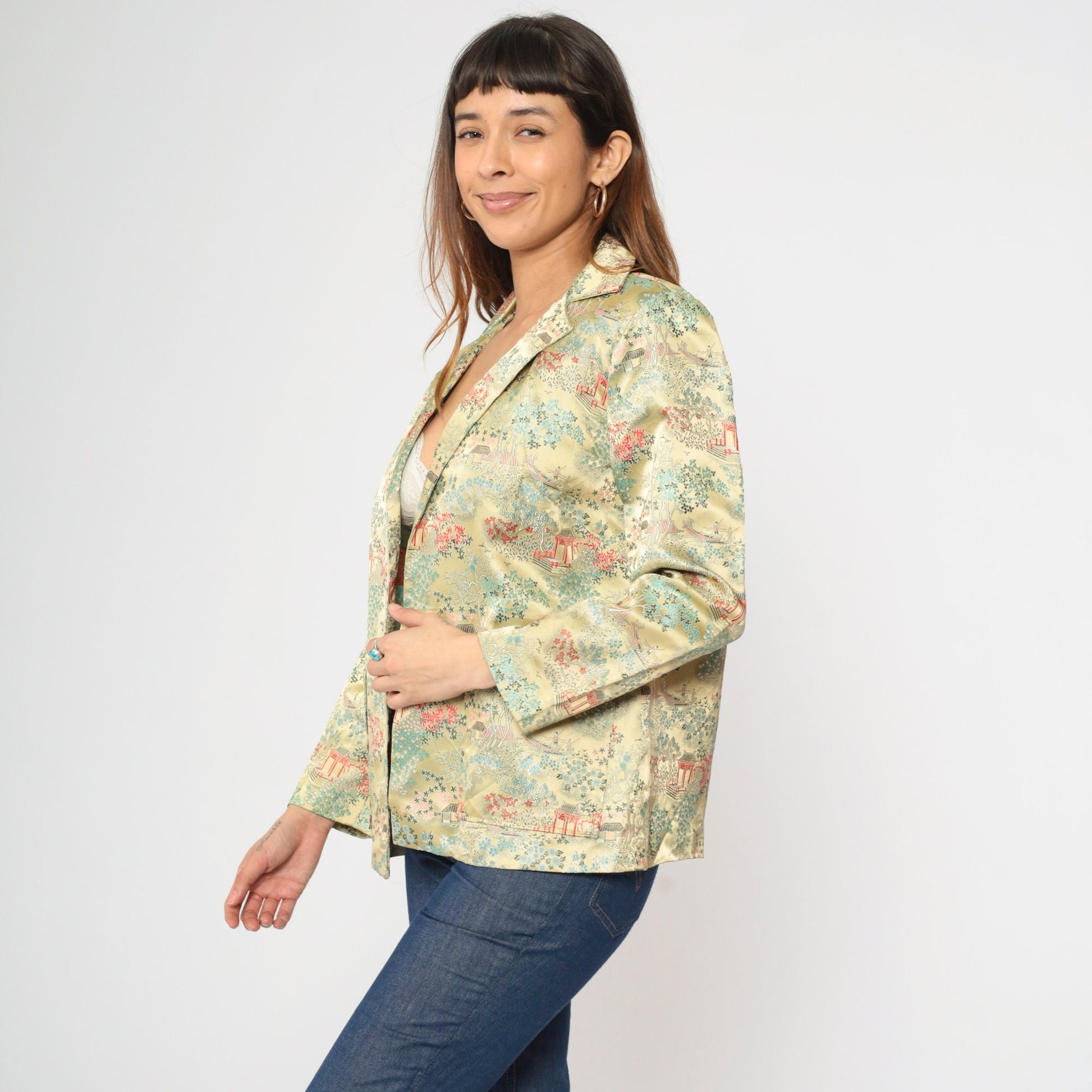 80s Asian Landscape Satin Blazer Yellow Pagoda Print Notched Collar Medium