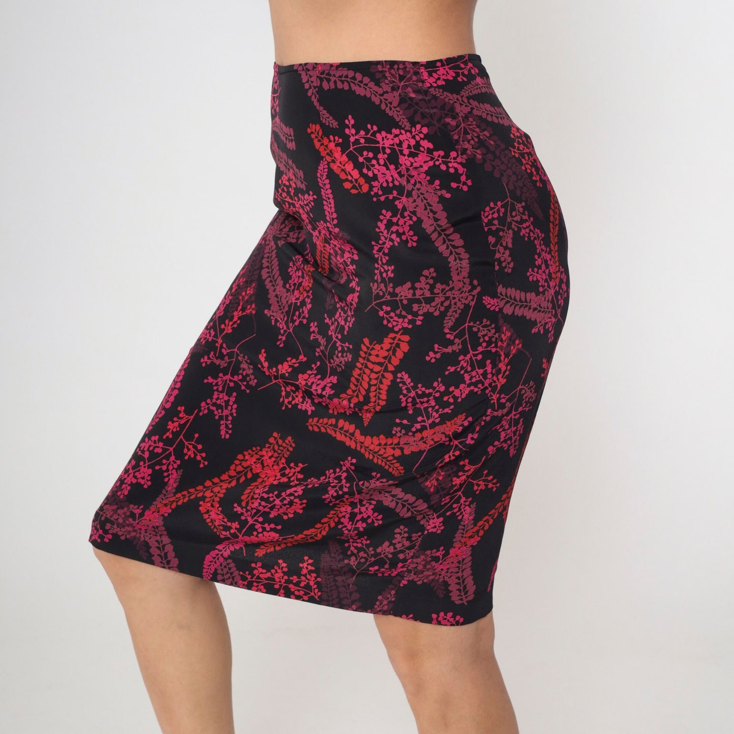 00s Floral Midi Skirt Black Pink High Waist Botanical Print Medium 8