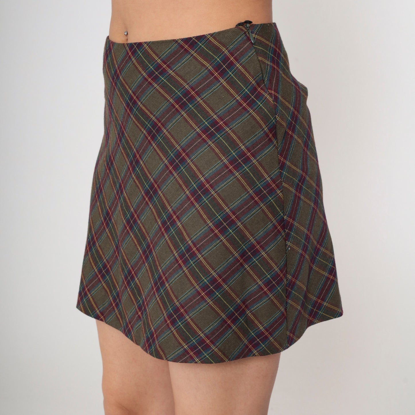00s Plaid Mini Skirt Olive Burgundy Tartan High Waisted School Girl Medium