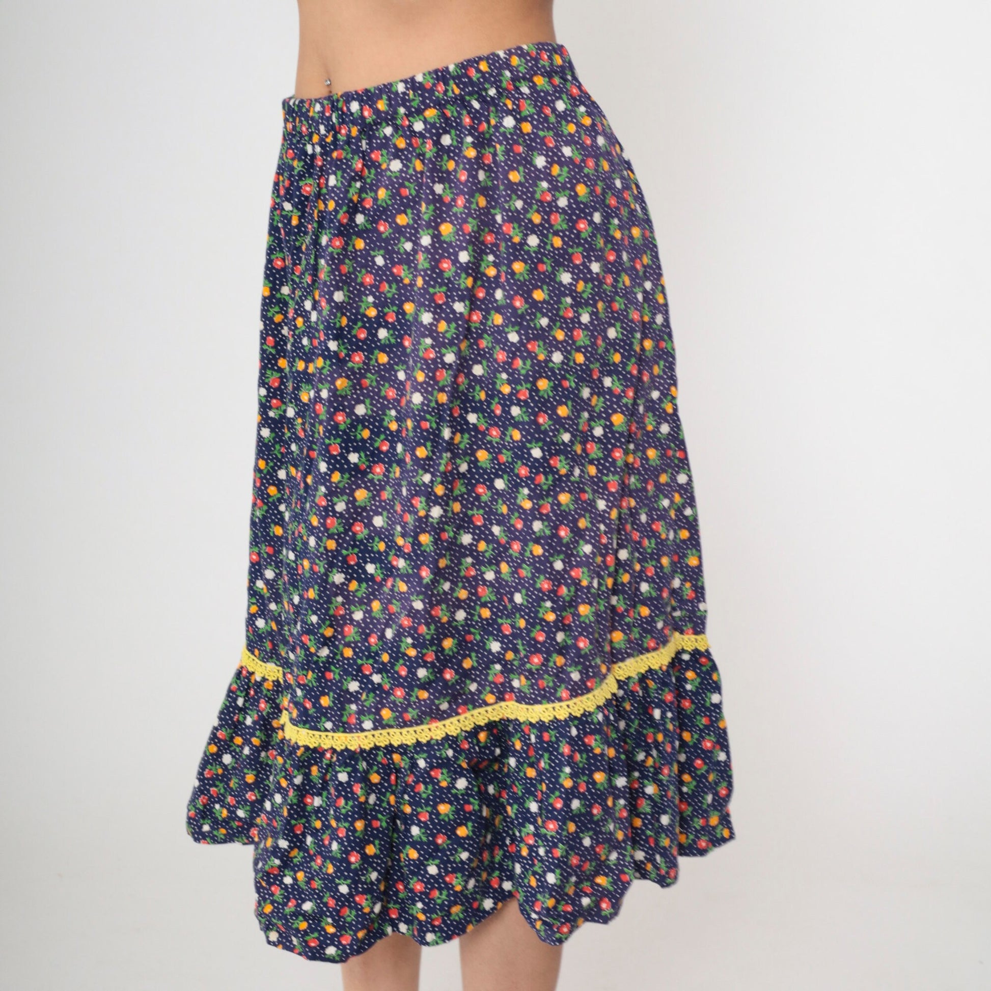 70s Navy Floral Calico Midi Skirt Tiered Flounce Elastic Waist Medium
