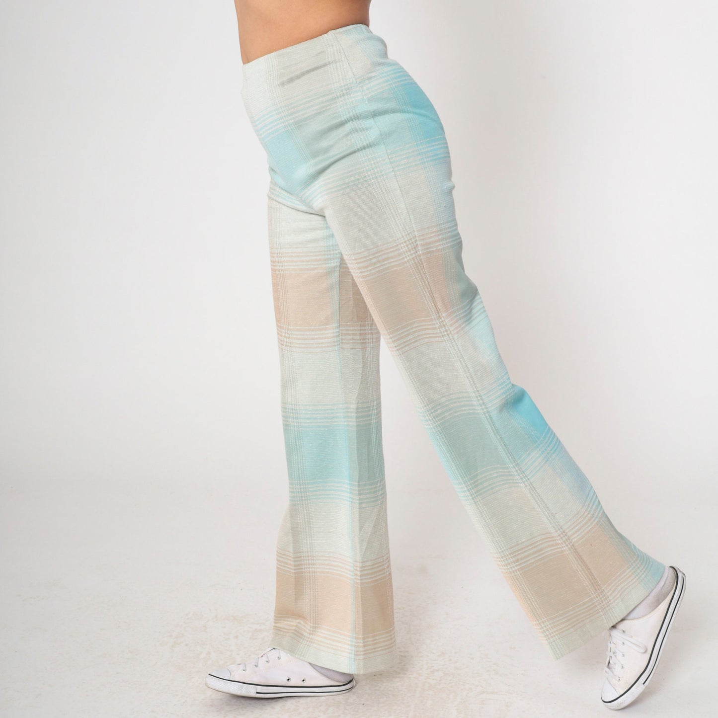 70s Plaid Flared Trousers High Waisted Bell Bottoms Pastel Blue Small