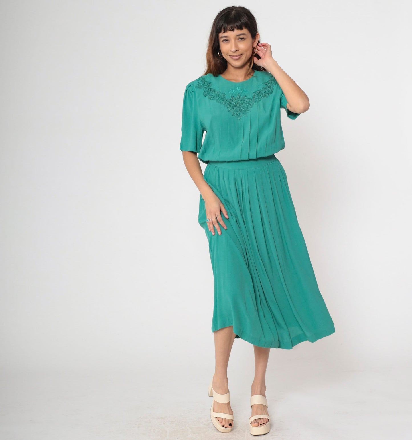80s Karin Stevens Green Midi Dress Embroidered Lace Puff Sleeve Button Back Medium