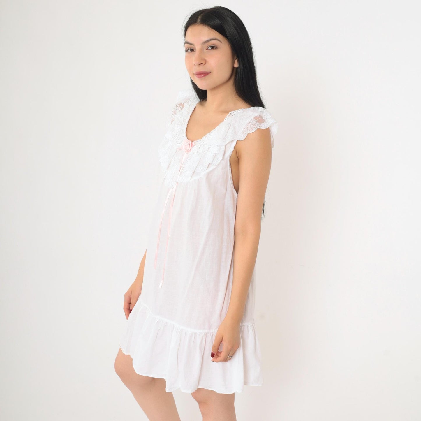 80s White Nightgown Pink Rose Lace Trim Sleeveless Babydoll Small