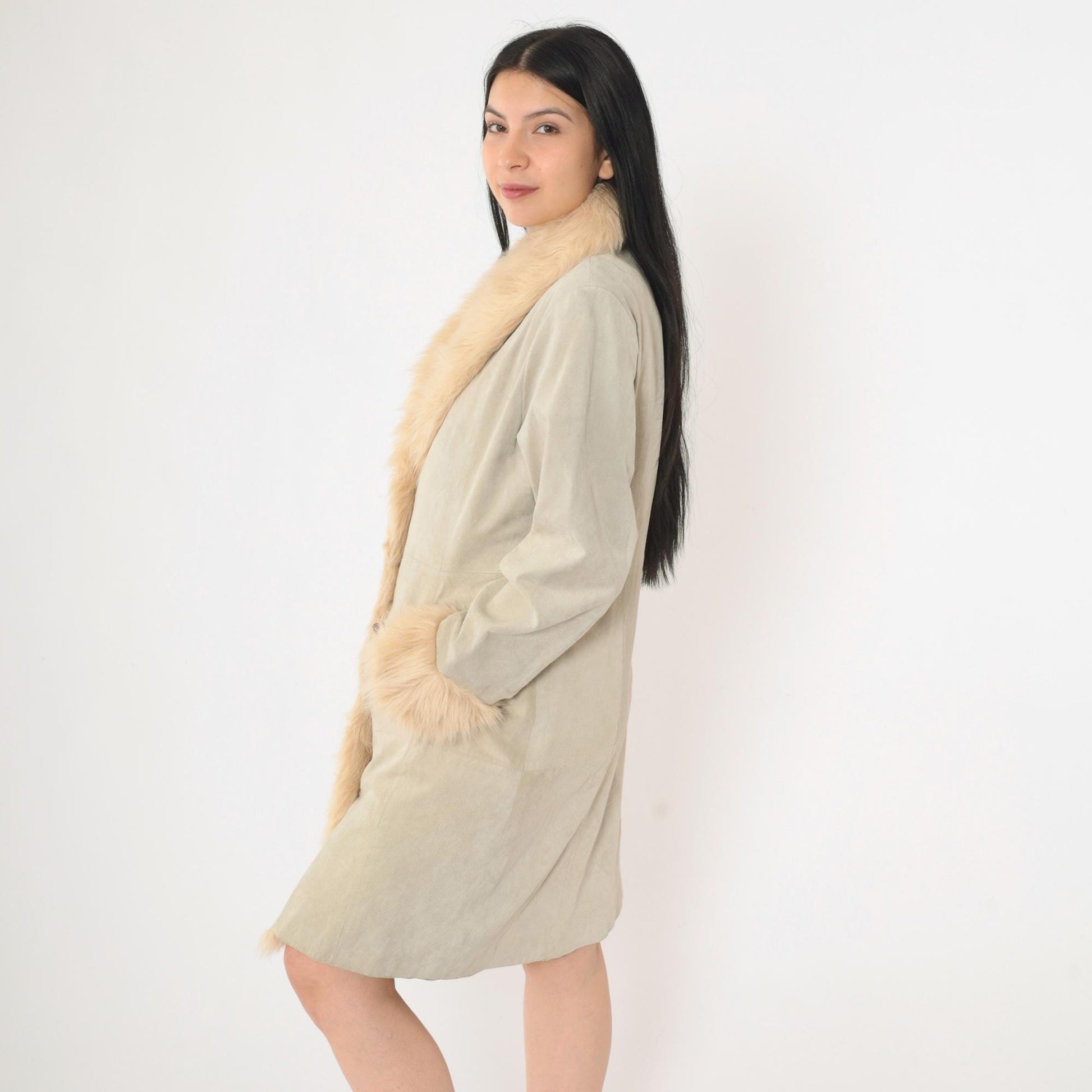 Y2K Grey Suede Jacket Faux Fur Trim Button Up Wilsons Medium