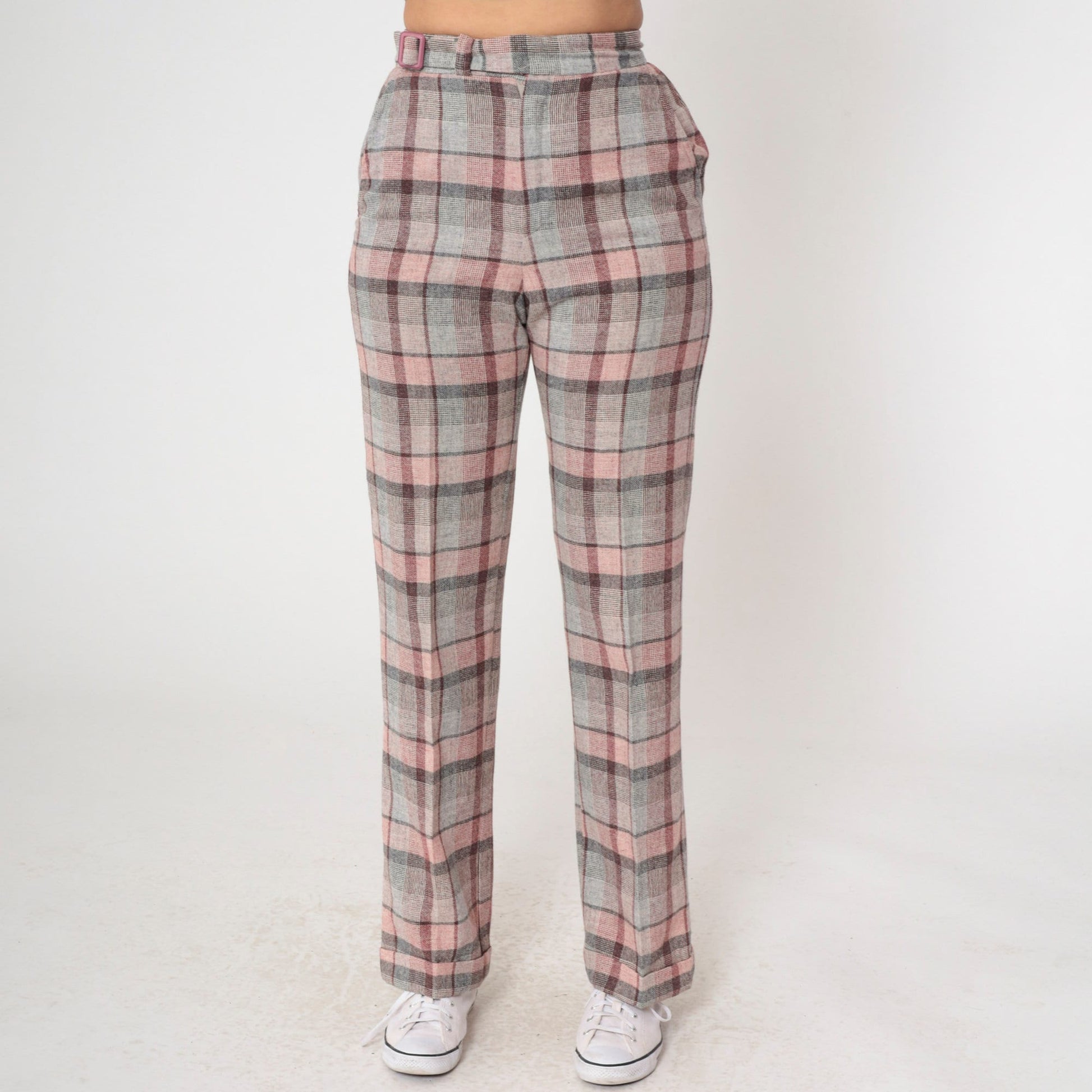 70s The Limited Plaid High-Waisted Trousers Pink Grey Wool Blend Small