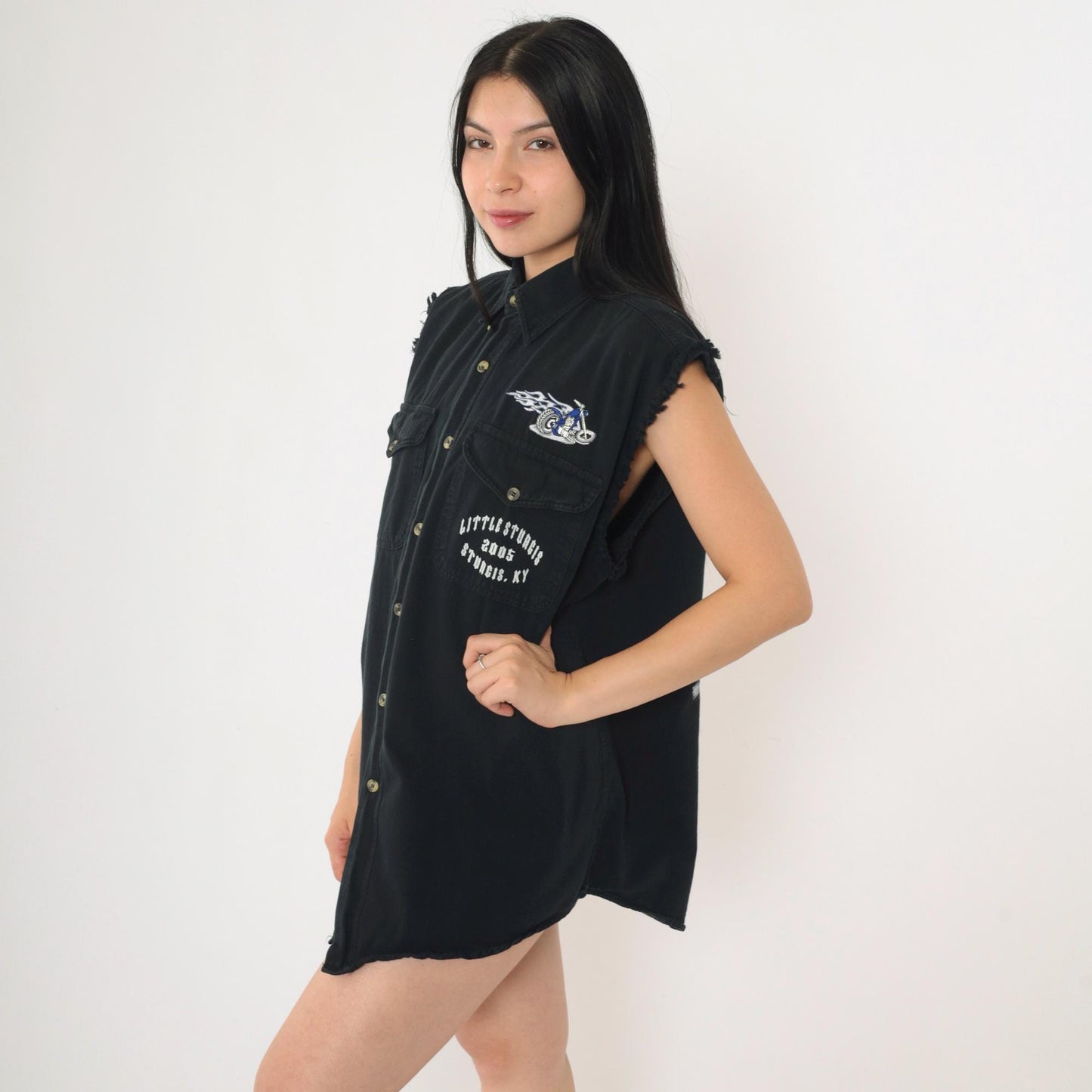 00s Little Sturgis Kentucky Sleeveless Button-Up Biker Shirt Black Large