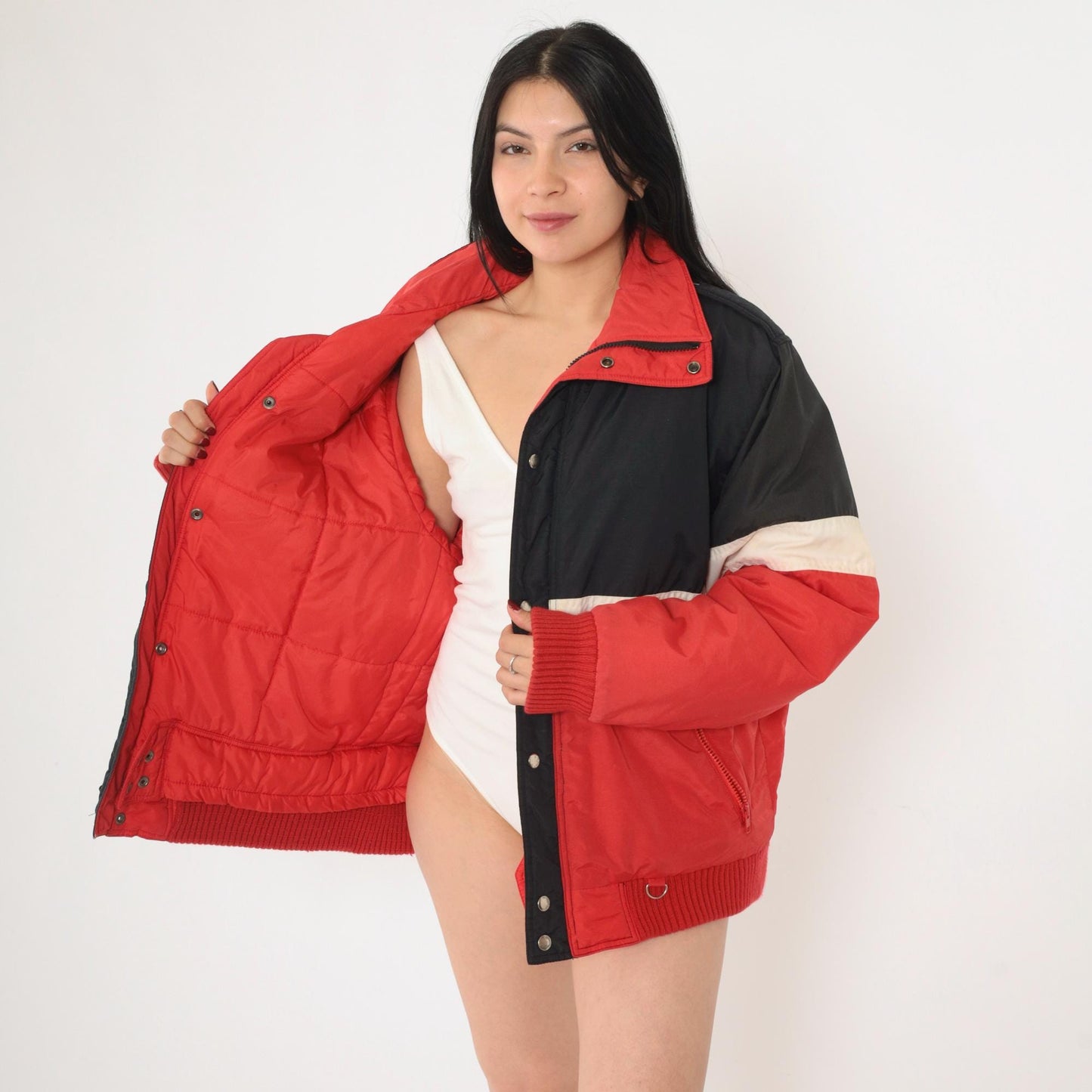 80s Color Block Puffer Ski Jacket Red Black White Nylon Large