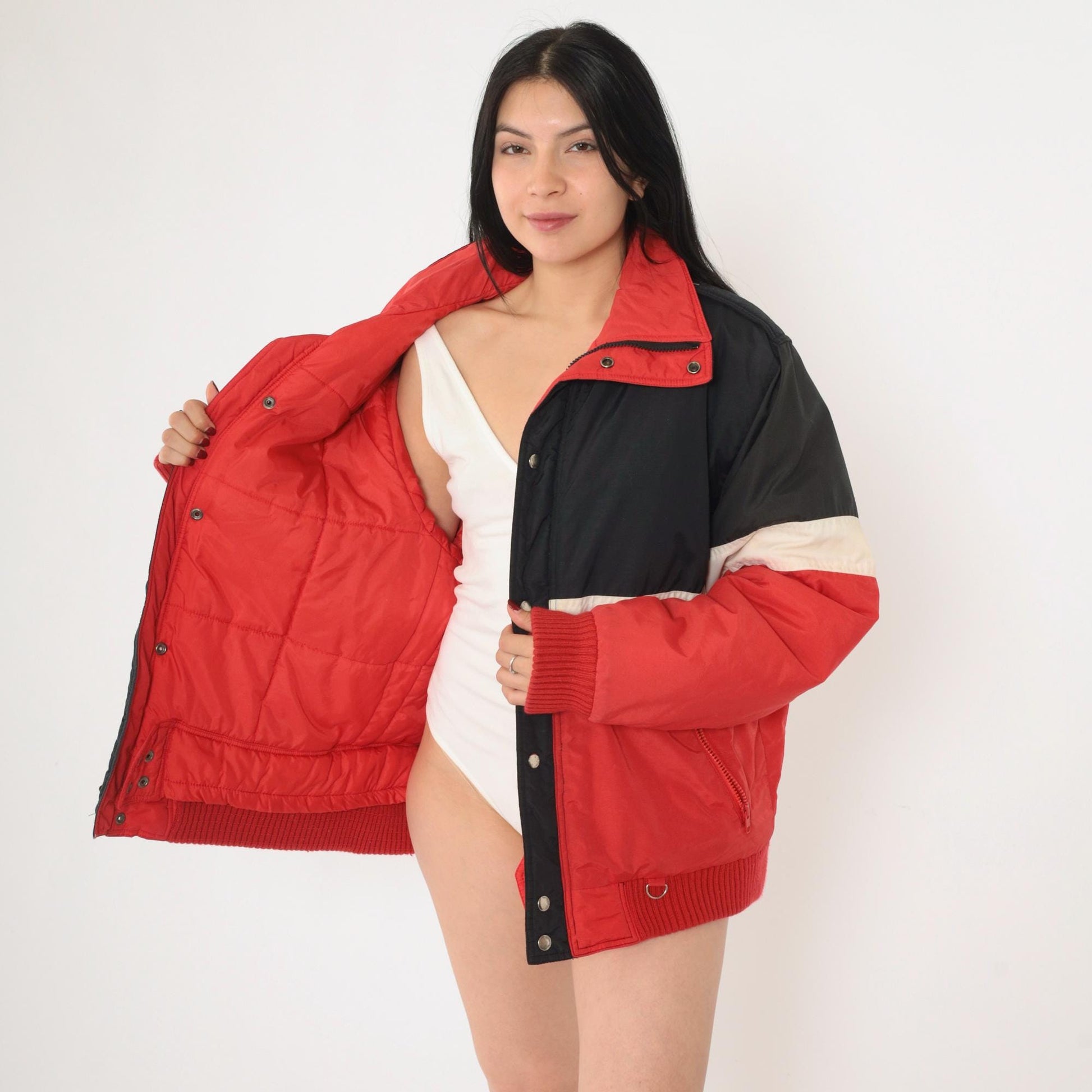 80s Color Block Puffer Ski Jacket Red Black White Nylon Large