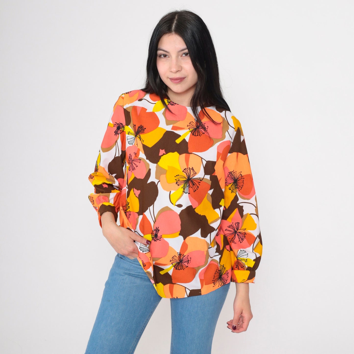 70s Floral Blouse Bright Tropical Coral Orange Long Sleeve Round Neck Medium