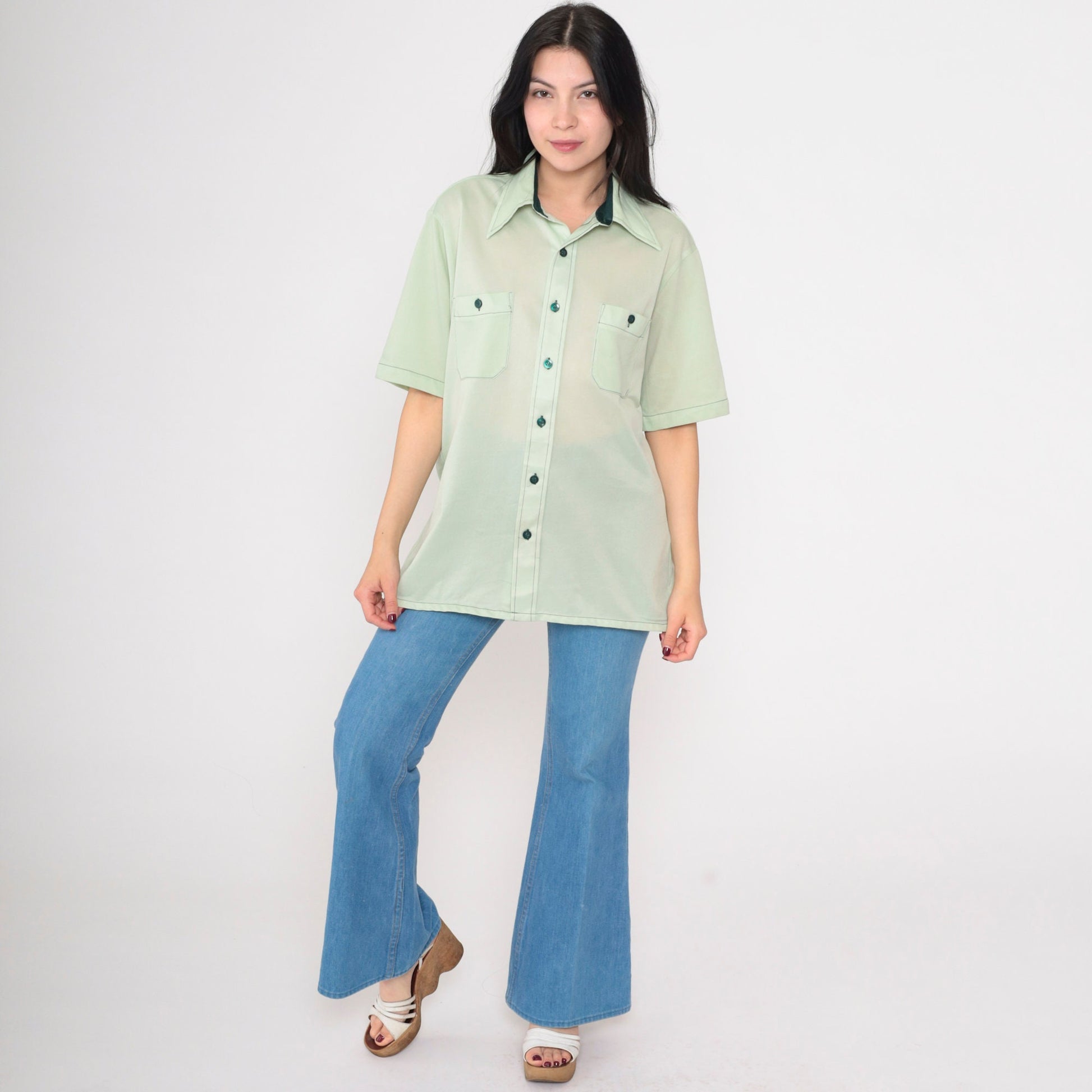 70s Mint Green Button Up Shirt Short Sleeve Collared Chest Pockets Large