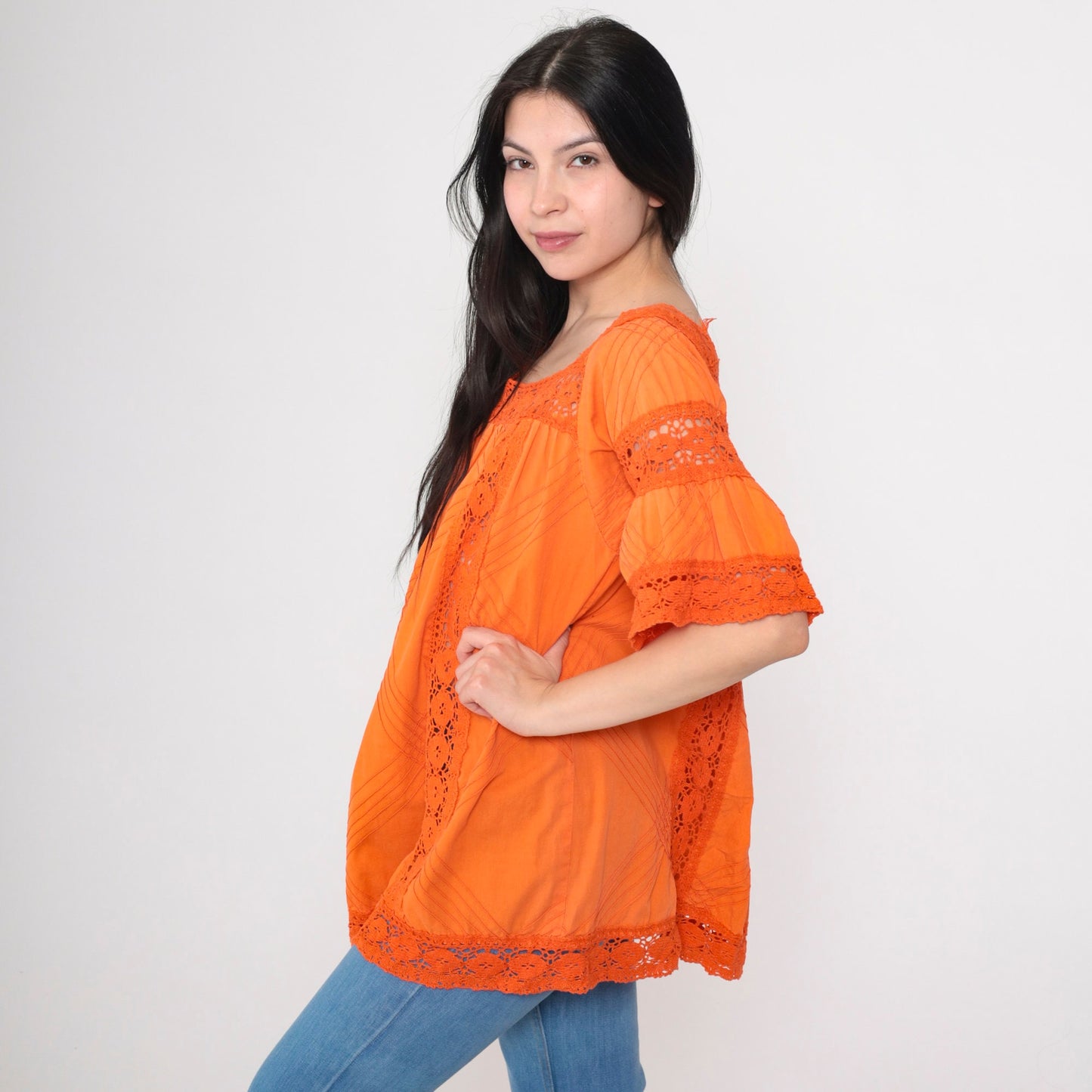 90s Orange Mexican Blouse Bell Sleeve Crochet Lace Tunic Medium