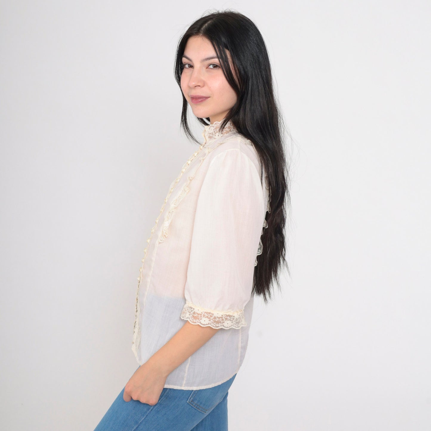 70s Sheer Ivory Lace Blouse Puff Sleeve Pearl Button Up Medium