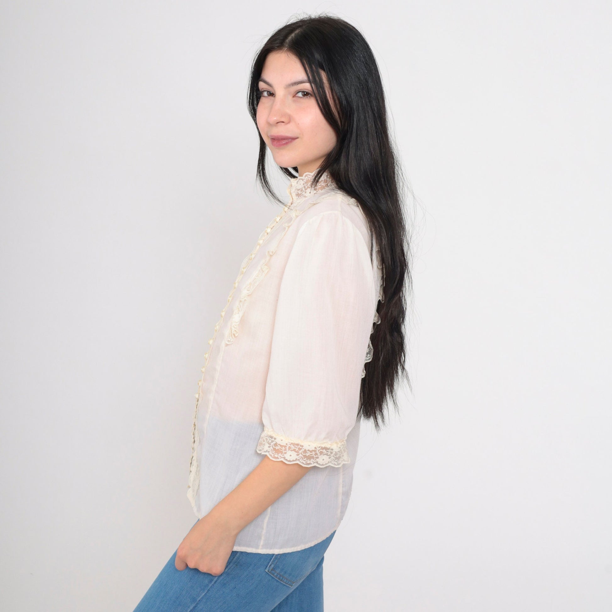 70s Sheer Ivory Lace Blouse Puff Sleeve Pearl Button Up Medium