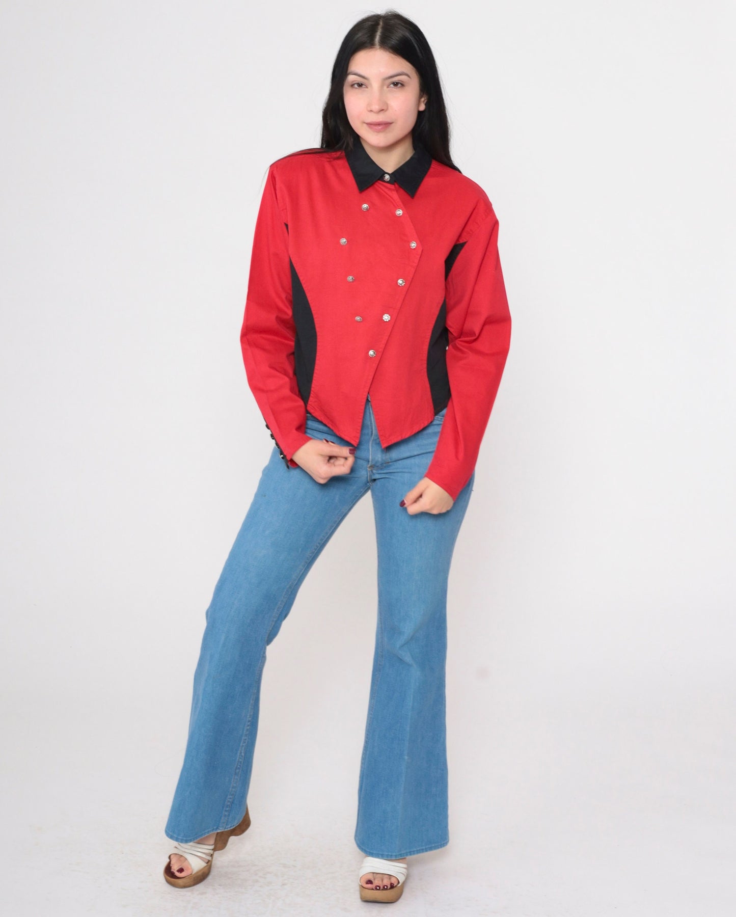 Y2K Wrangler Silver Lake Color Block Western Shirt Red Black Cotton Large