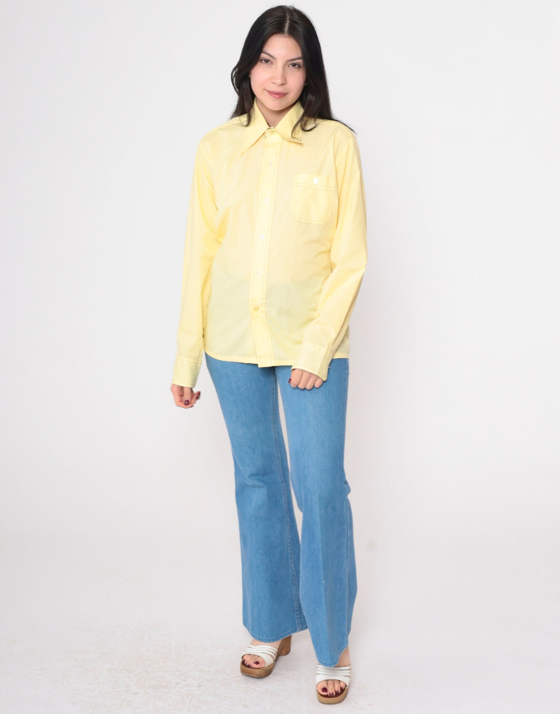 70s Yellow Dagger Collar Button-Up Shirt Topstitched Long Sleeve Medium
