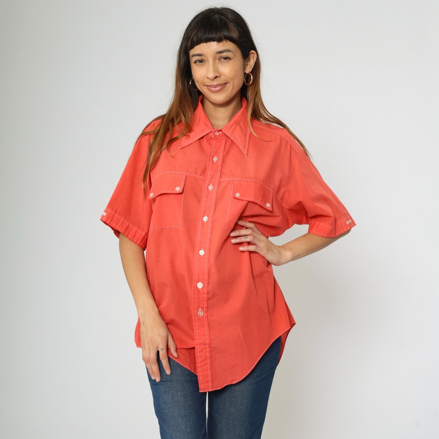 70s Marlboro Western Shirt Orange Button Down Dagger Collar Large