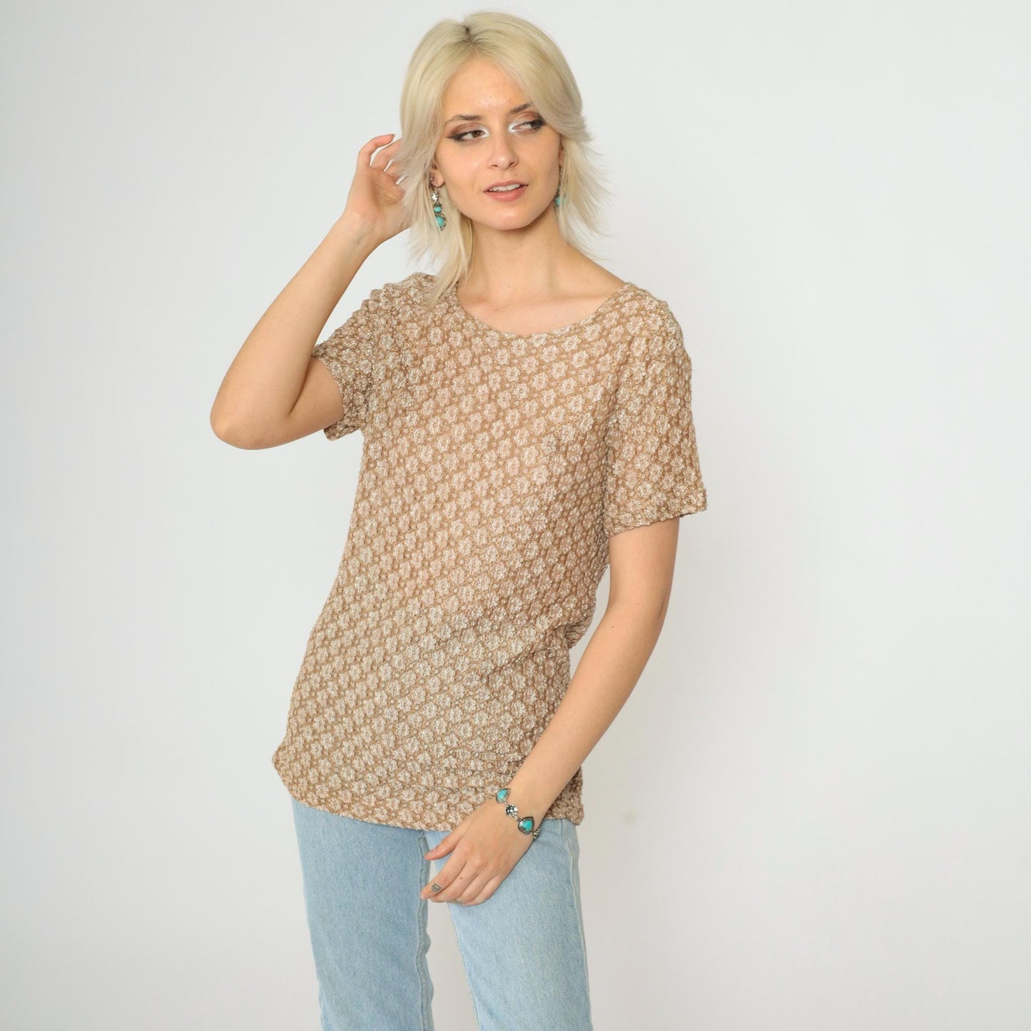90s Clio Floral Lace Blouse Tan Short Sleeve Scoop Neck Medium
