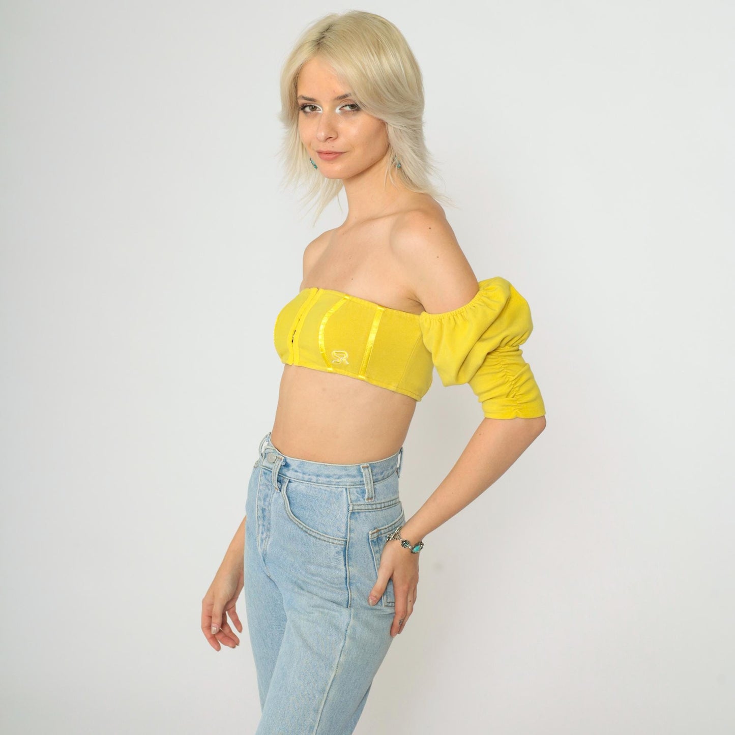 Y2K Yellow Off-Shoulder Crop Top Puff Sleeve Hook Front Extra Small