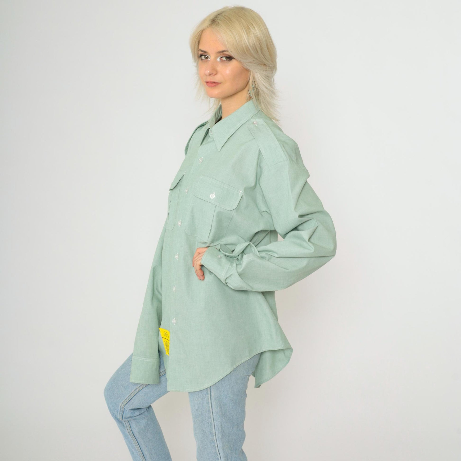 00s Light Green Button-Up Shirt Oxford Collar Long Sleeve Work Top XL