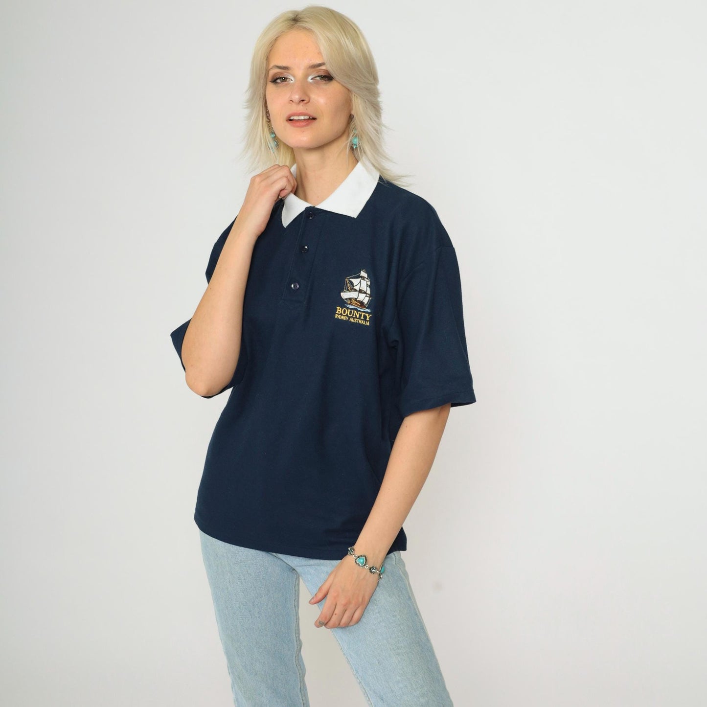90s Bounty Cruises Sydney Polo Shirt Navy Blue Sailboat Graphic Medium