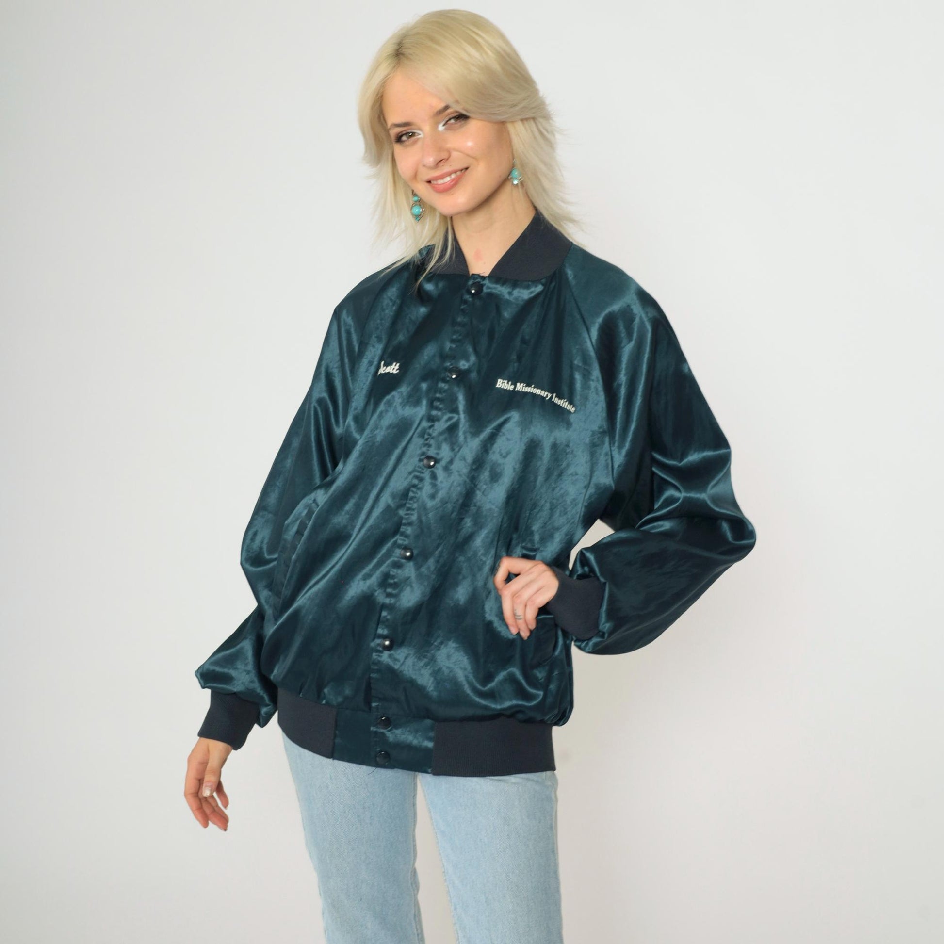 90s Bible Missionary Institute Satin Bomber Jacket Dark Blue Medium