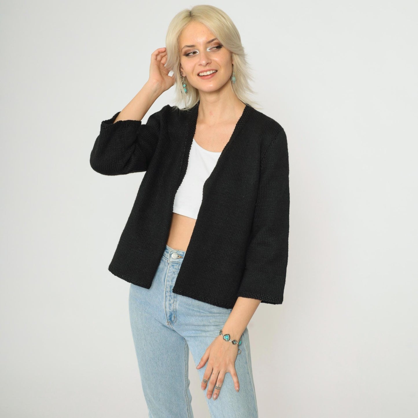 60s Black Wool Cardigan 3/4 Sleeve Open Front Knit Sweater Small
