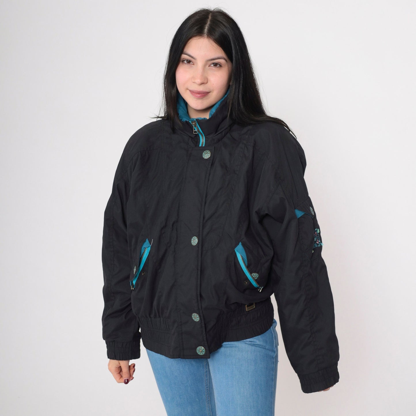90s Black Puffer Ski Jacket Turquoise Trim Windbreaker Extra Large XL