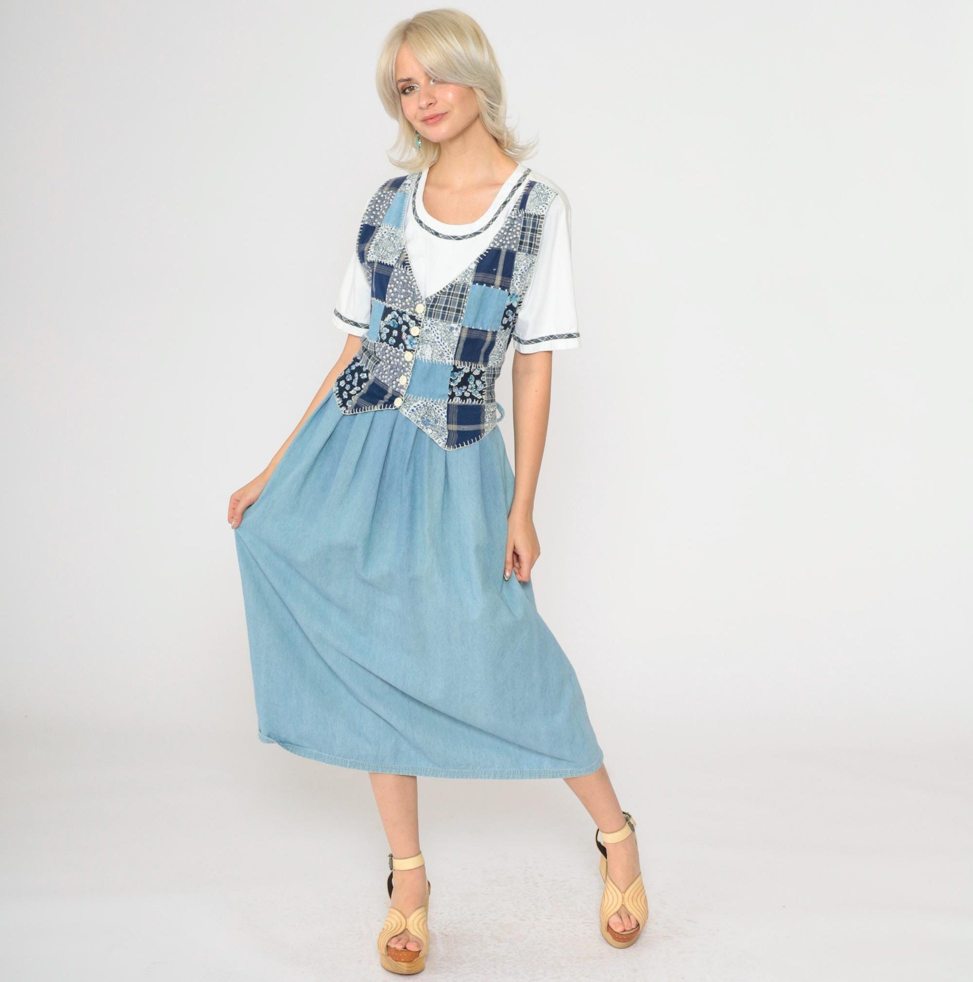 90s Patchwork Denim Midi Dress Floral Checkered Attached Vest Button Up Medium