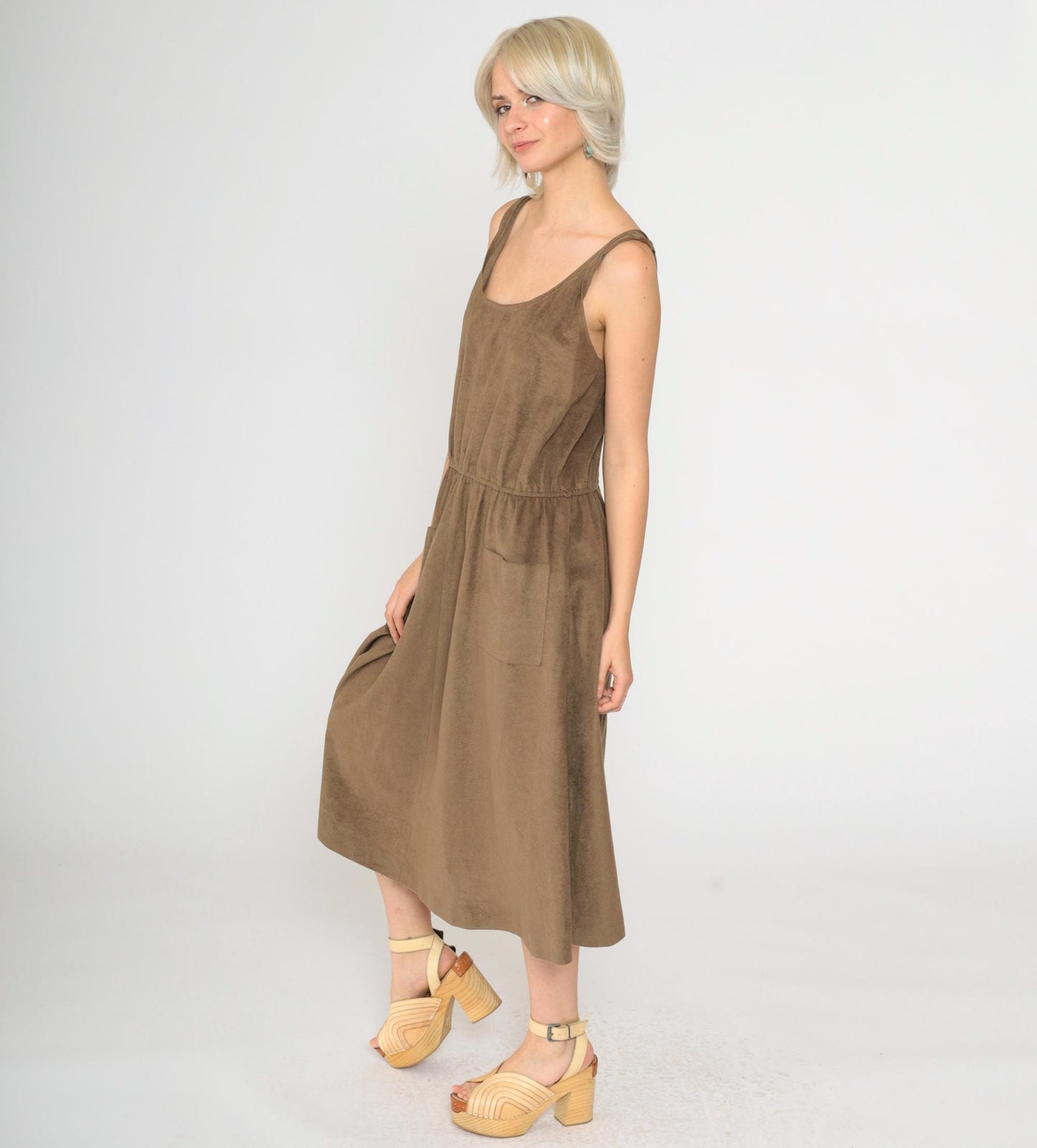 80s Brown Faux Suede Midi Dress Sleeveless Scoop Neck High Waist Medium Large