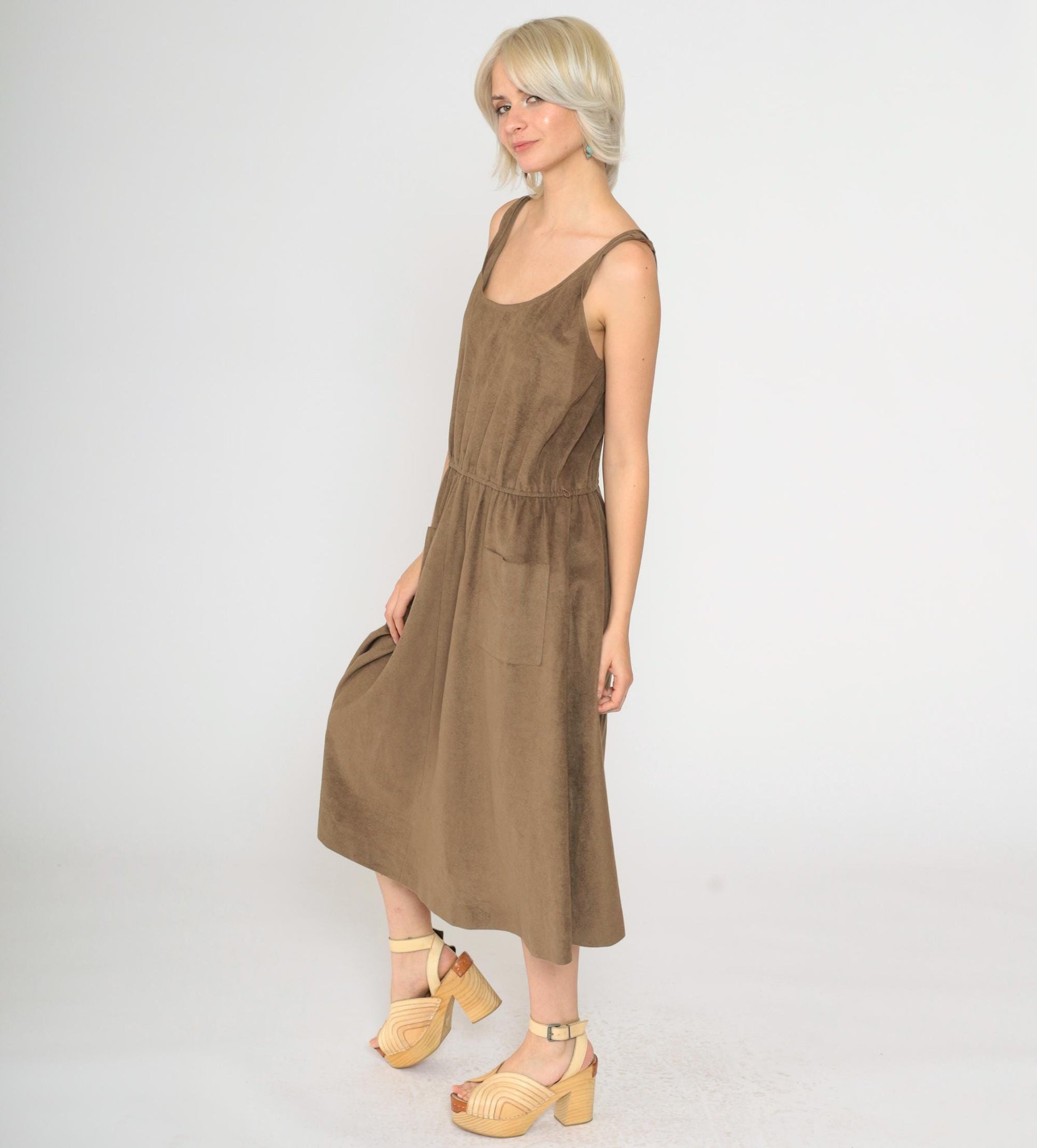 80s Brown Faux Suede Midi Dress Sleeveless Scoop Neck High Waist Medium Large