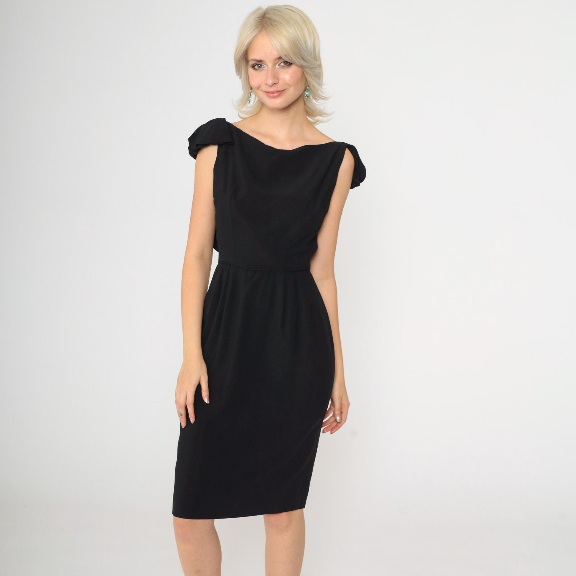 1960s Black Sheath Dress Ruffle Open Back Pencil Knee Length Small
