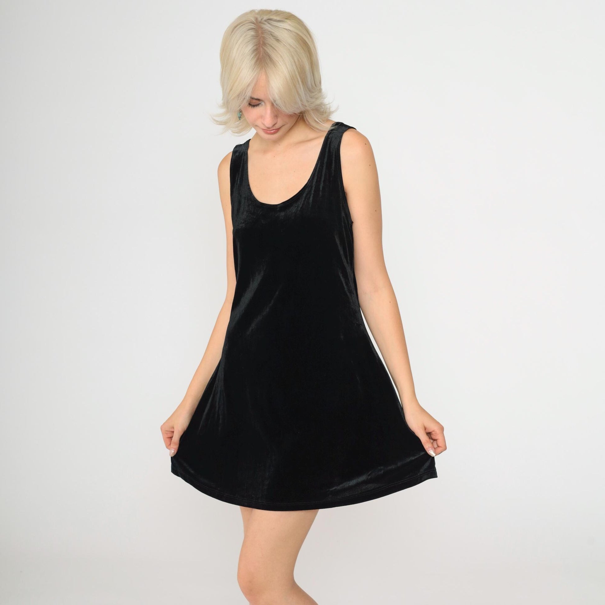 90s Charlotte Russe Black Velvet Mini Dress Scoop Neck Sleeveless Medium