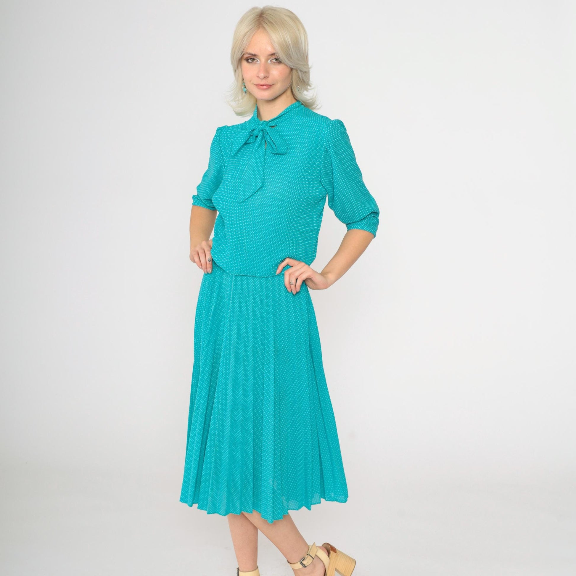 70s Turquoise Polka Dot Midi Dress Ascot Bow High Waist Pleated Small Medium