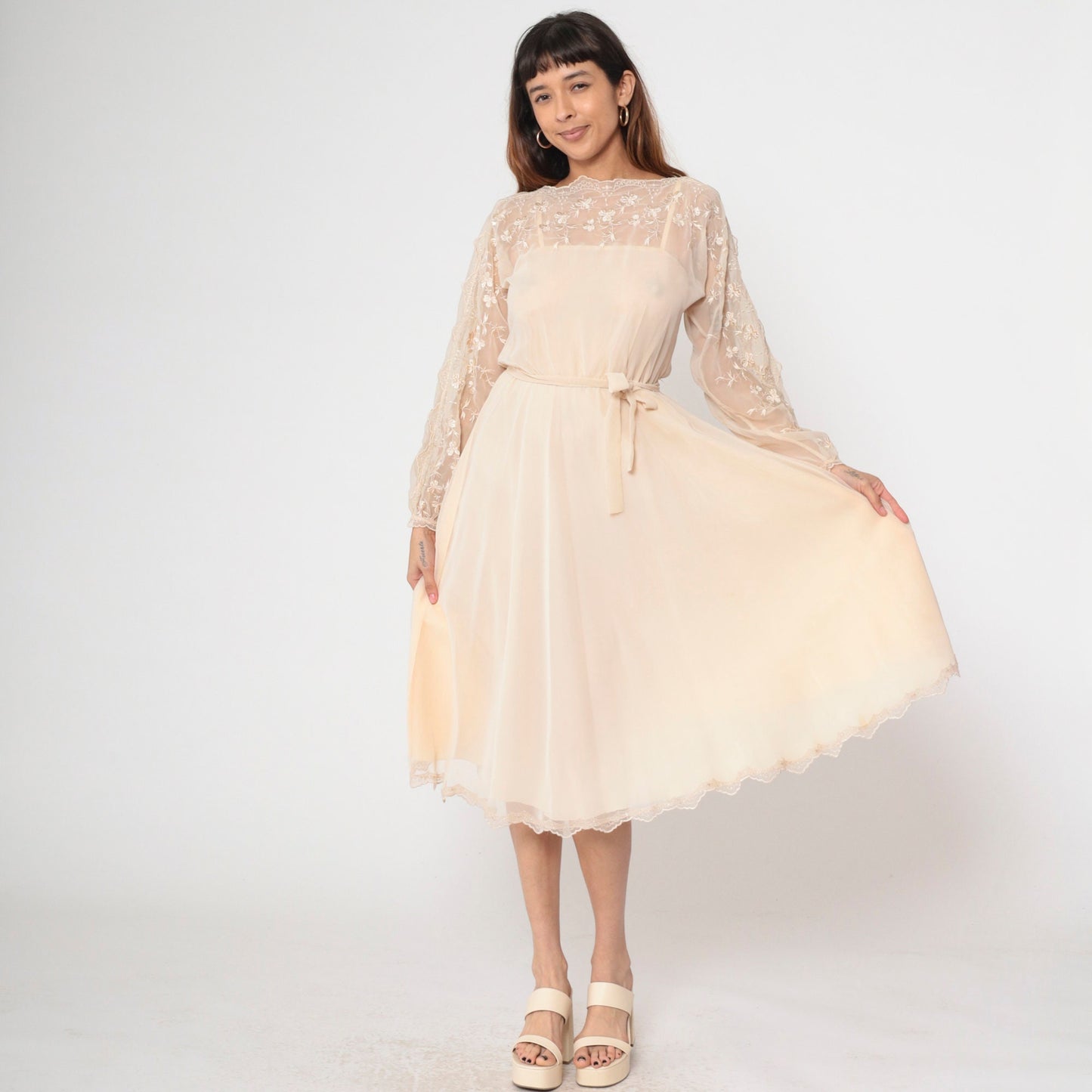70s Beige Chiffon Midi Dress Floral Embroidery Illusion Neckline Small