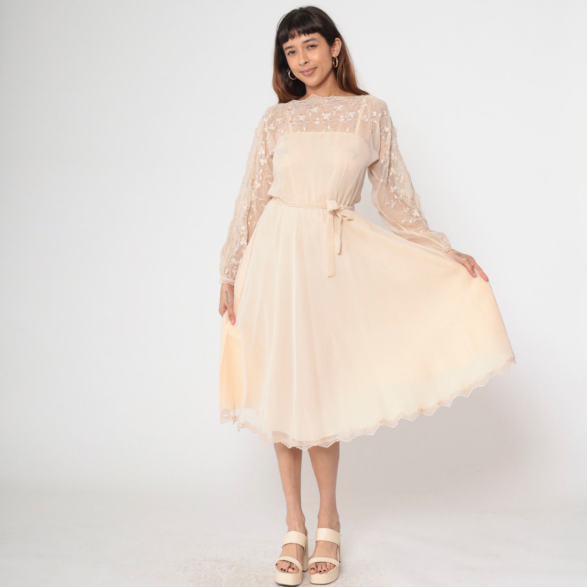 70s Beige Chiffon Midi Dress Floral Embroidery Illusion Neckline Small