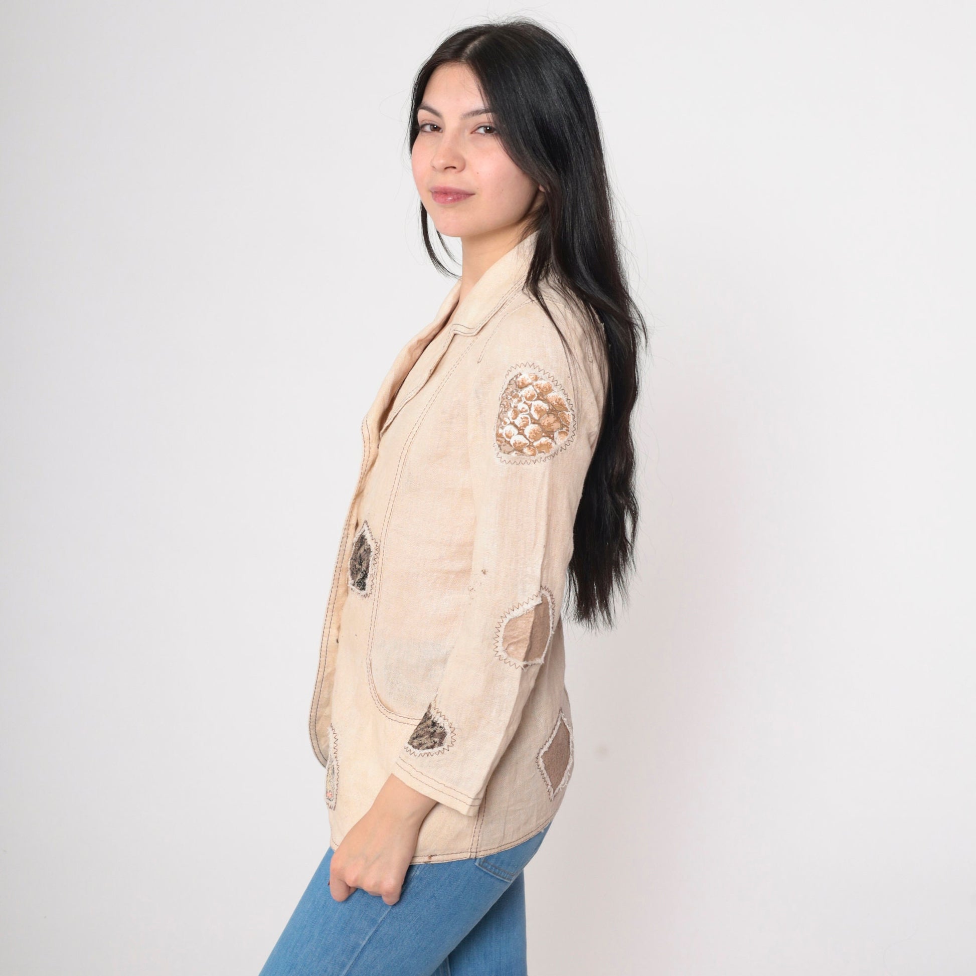 90s Patchwork Blazer Beige Animal Print Patch Jacket Extra Small XS