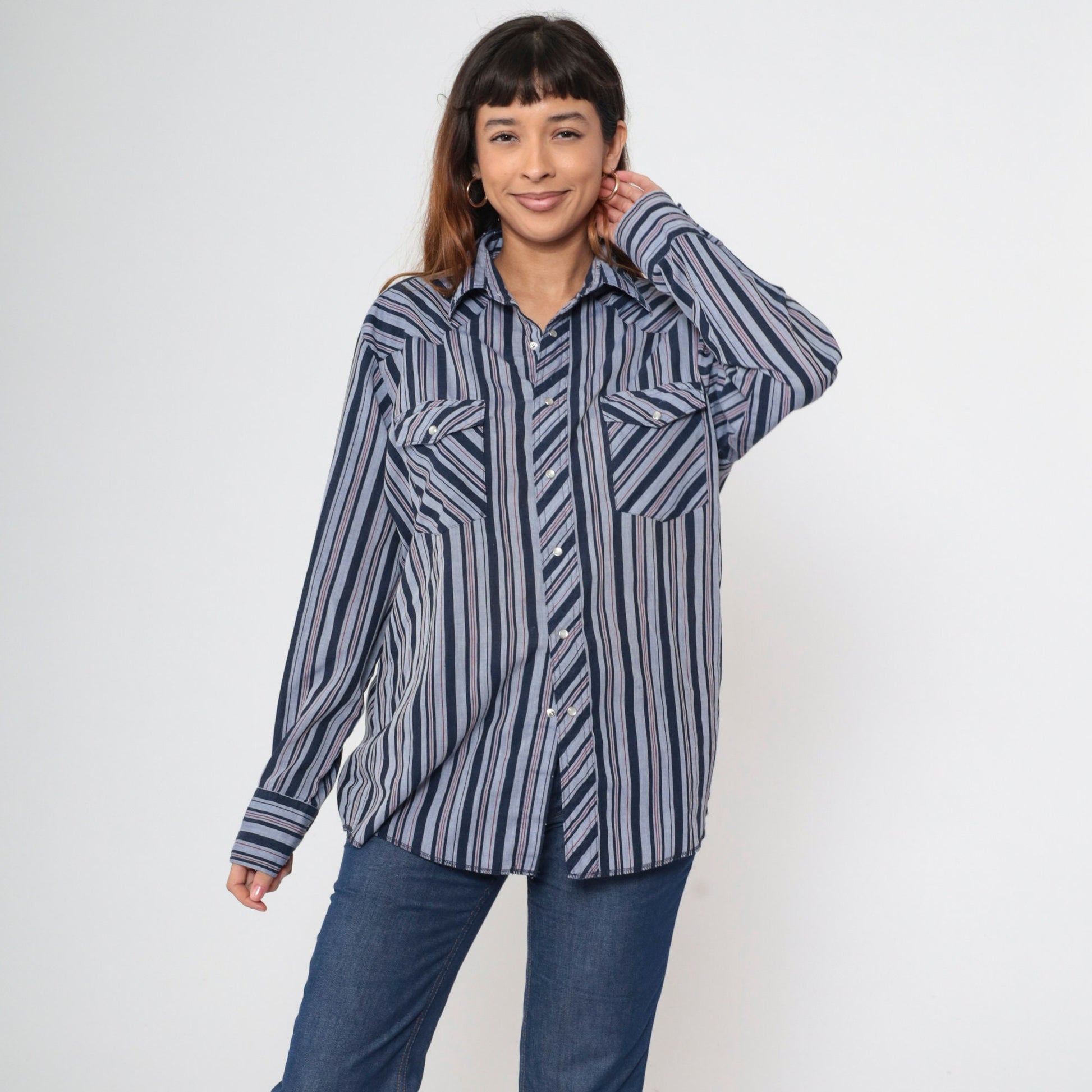 90s Wrangler Pearl Snap Western Shirt Striped Navy Red Long Sleeve Large