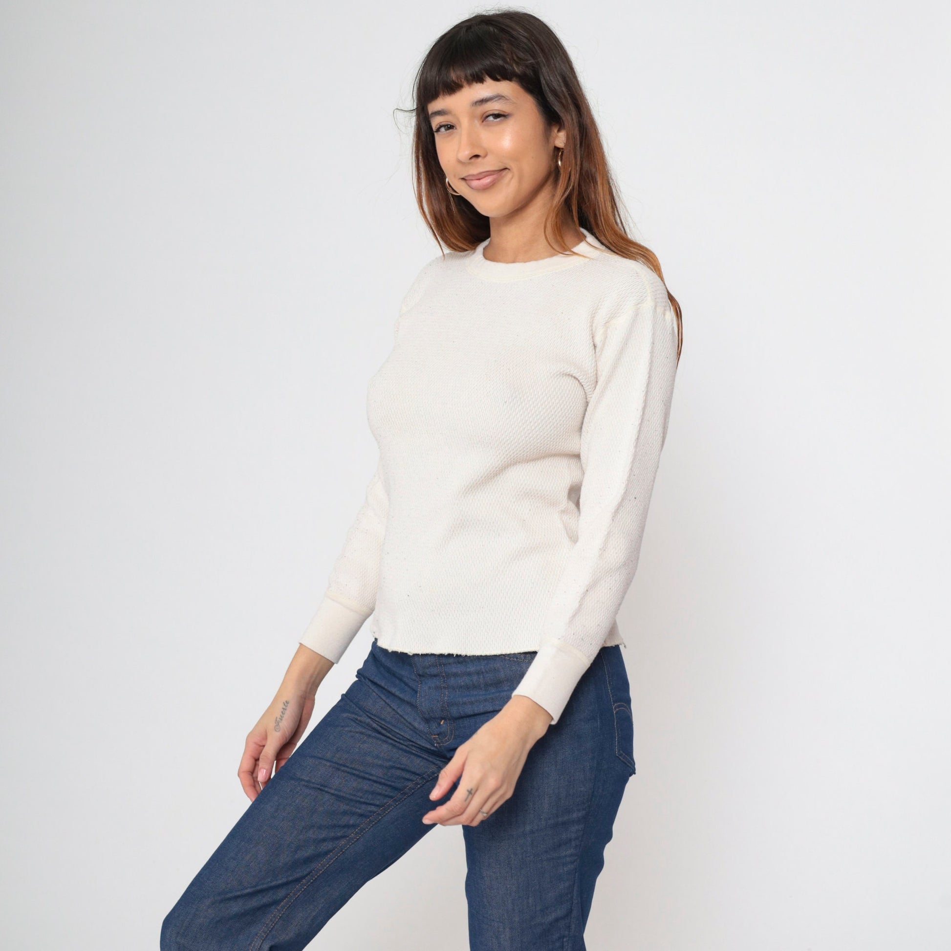 80s Cream Thermal Undershirt Long Sleeve Cotton Knit Medium M