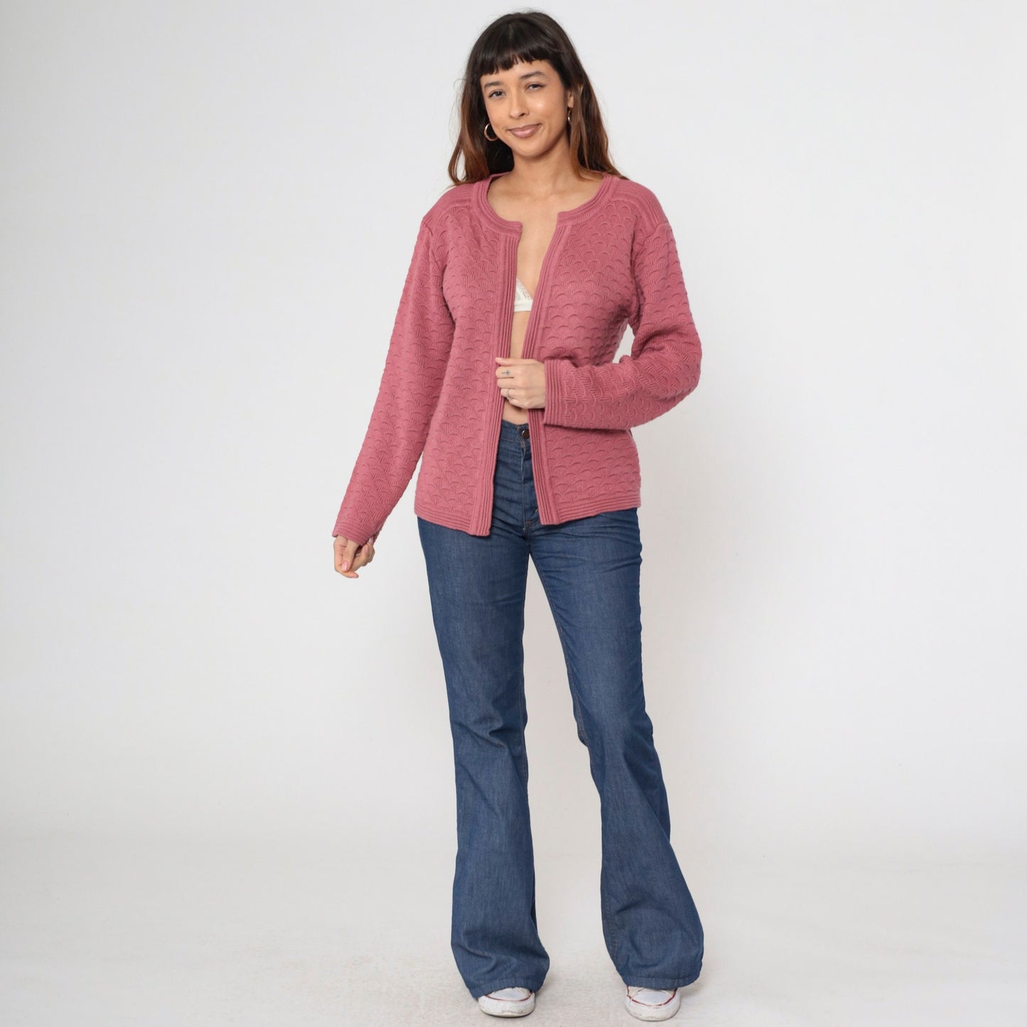 70s Pink Textured Knit Cardigan Open Front Long Sleeve Medium