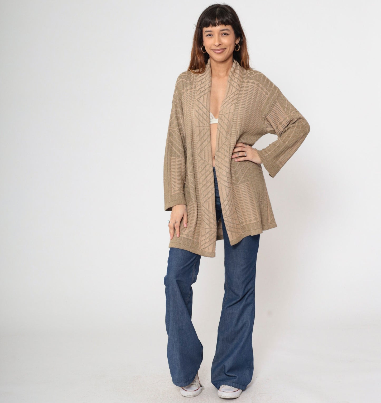 90s Tan Geometric Wrap Cardigan Sweater Medium