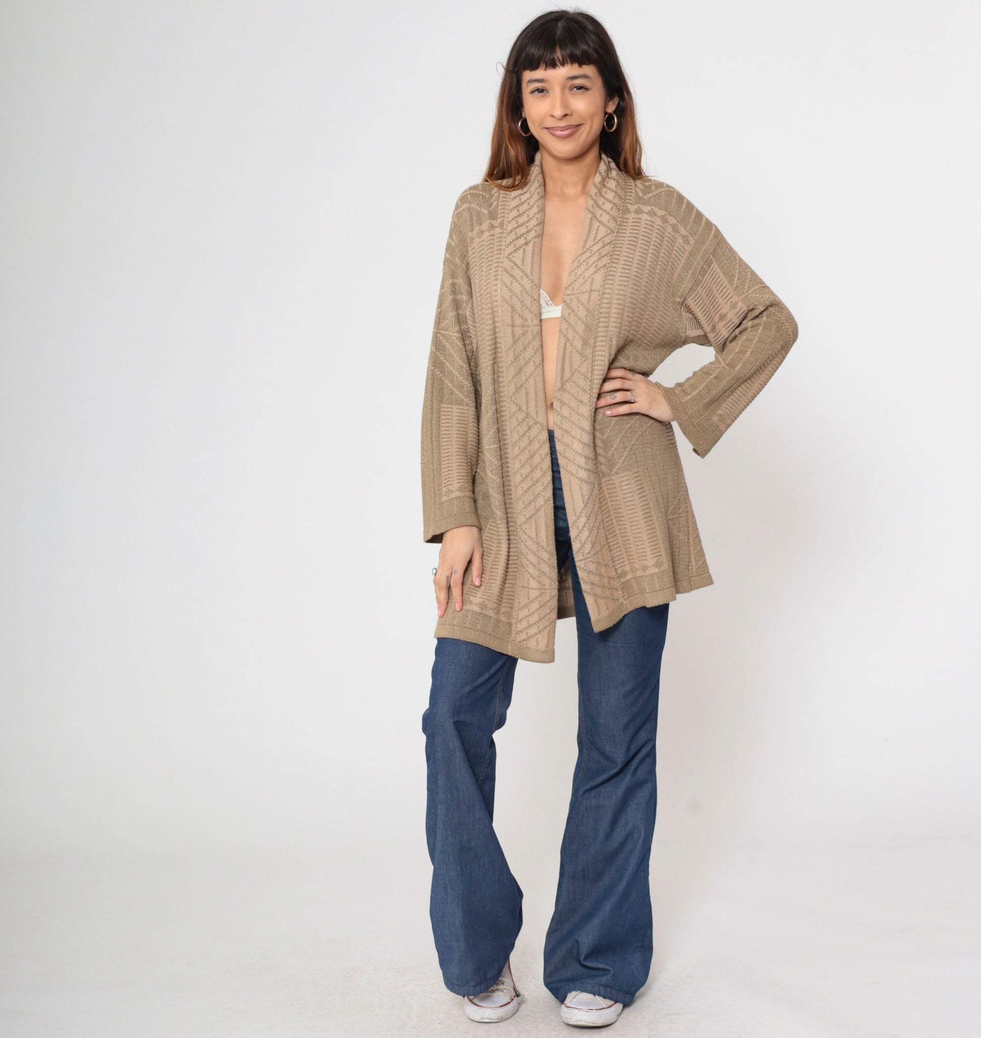 90s Tan Geometric Wrap Cardigan Sweater Medium