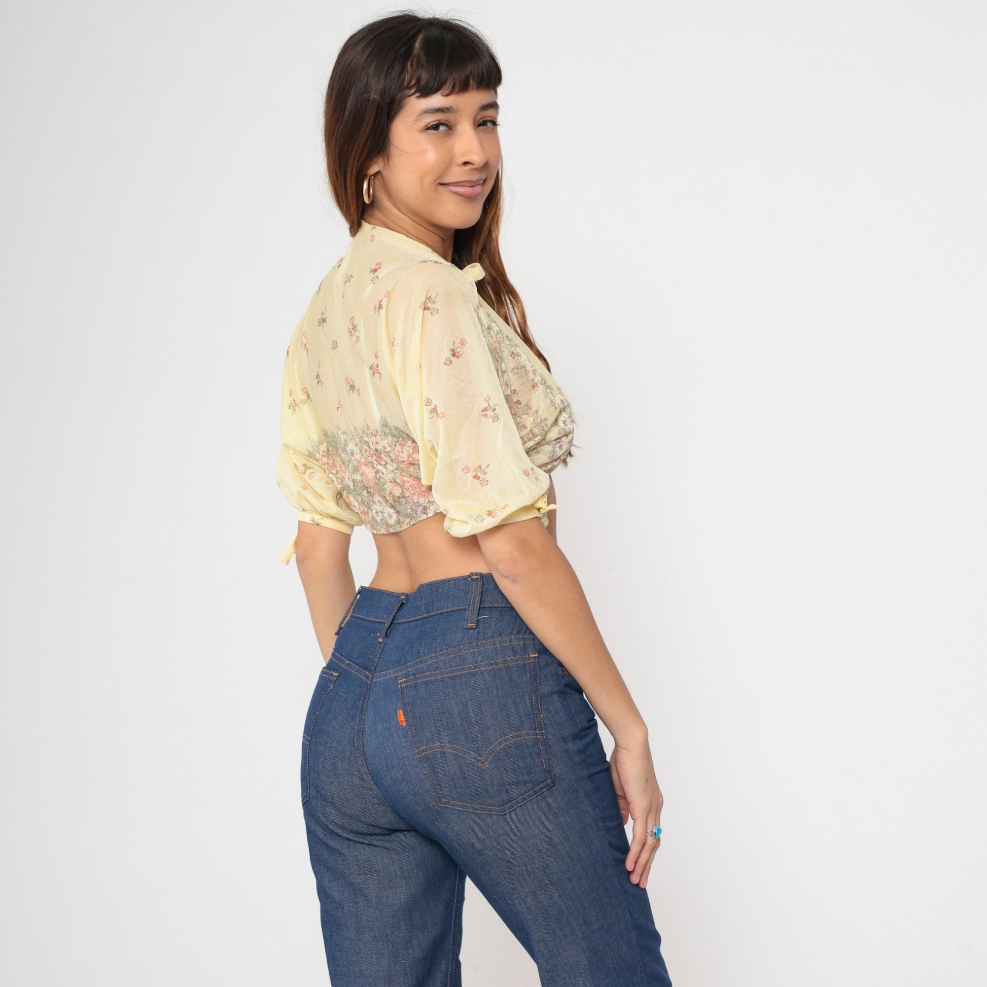 70s Yellow Floral Bolero Jacket Sheer Crop Open Front Tie Chest Small Medium
