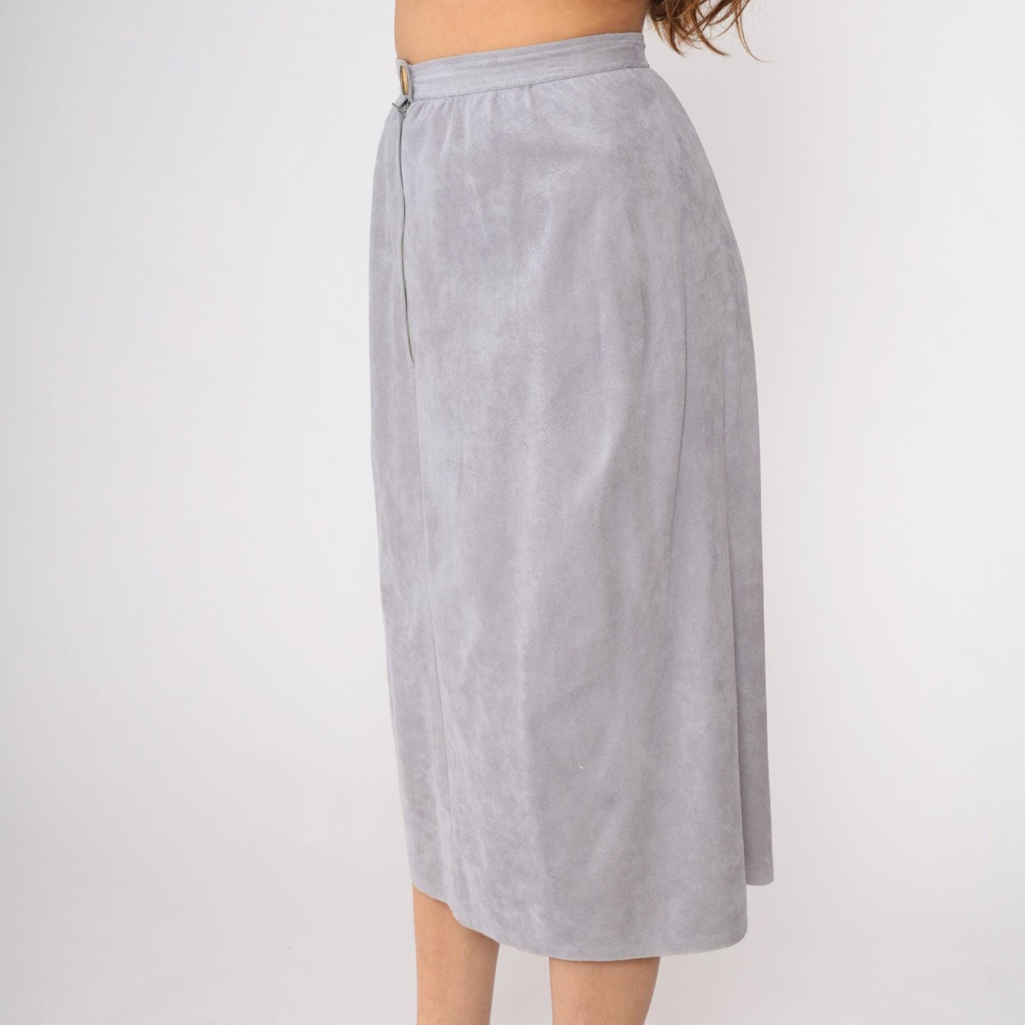 80s Grey Faux Suede Midi Pencil Skirt High Waist Small